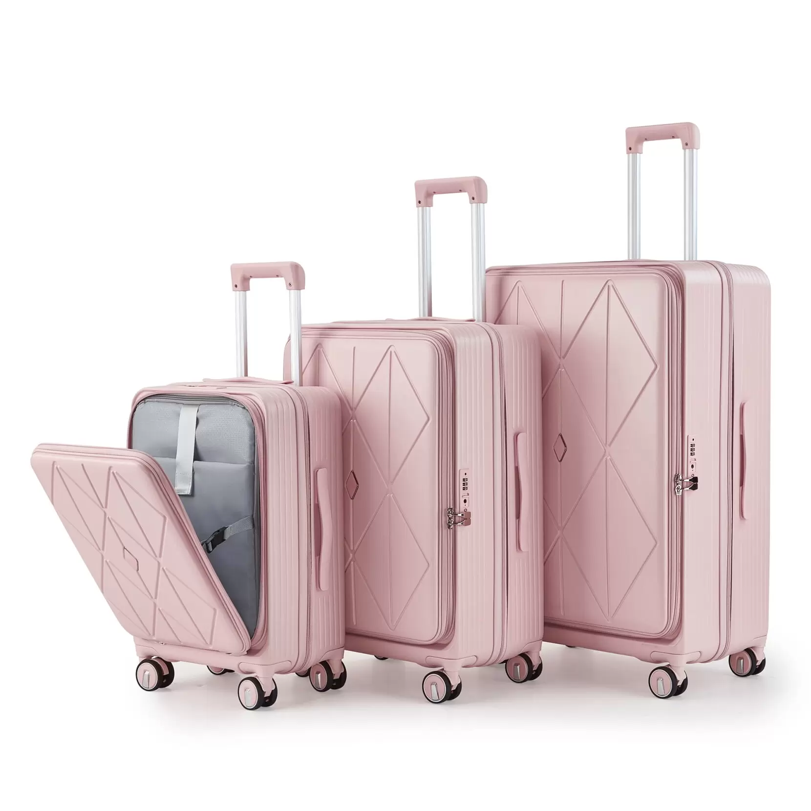 Luggage Sets 3 Piece(20/24/28). Expandable Suitcase with Front Pocket. Arline Approved TSA Lock and Spinner Wheels. PC Hard Shell and Lightweight Suitcase. with Clear PVC Suitcase Cover. Pink