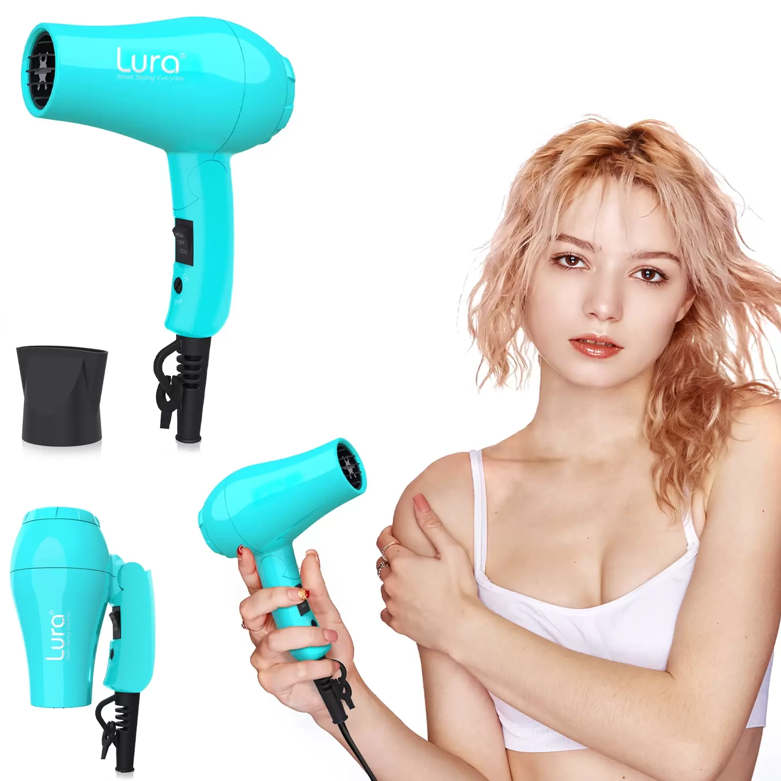 Lura Travel Hair Dryer Dual Voltage Mini Folding Handle Hair Blow Dryer with Concentrator.Blue