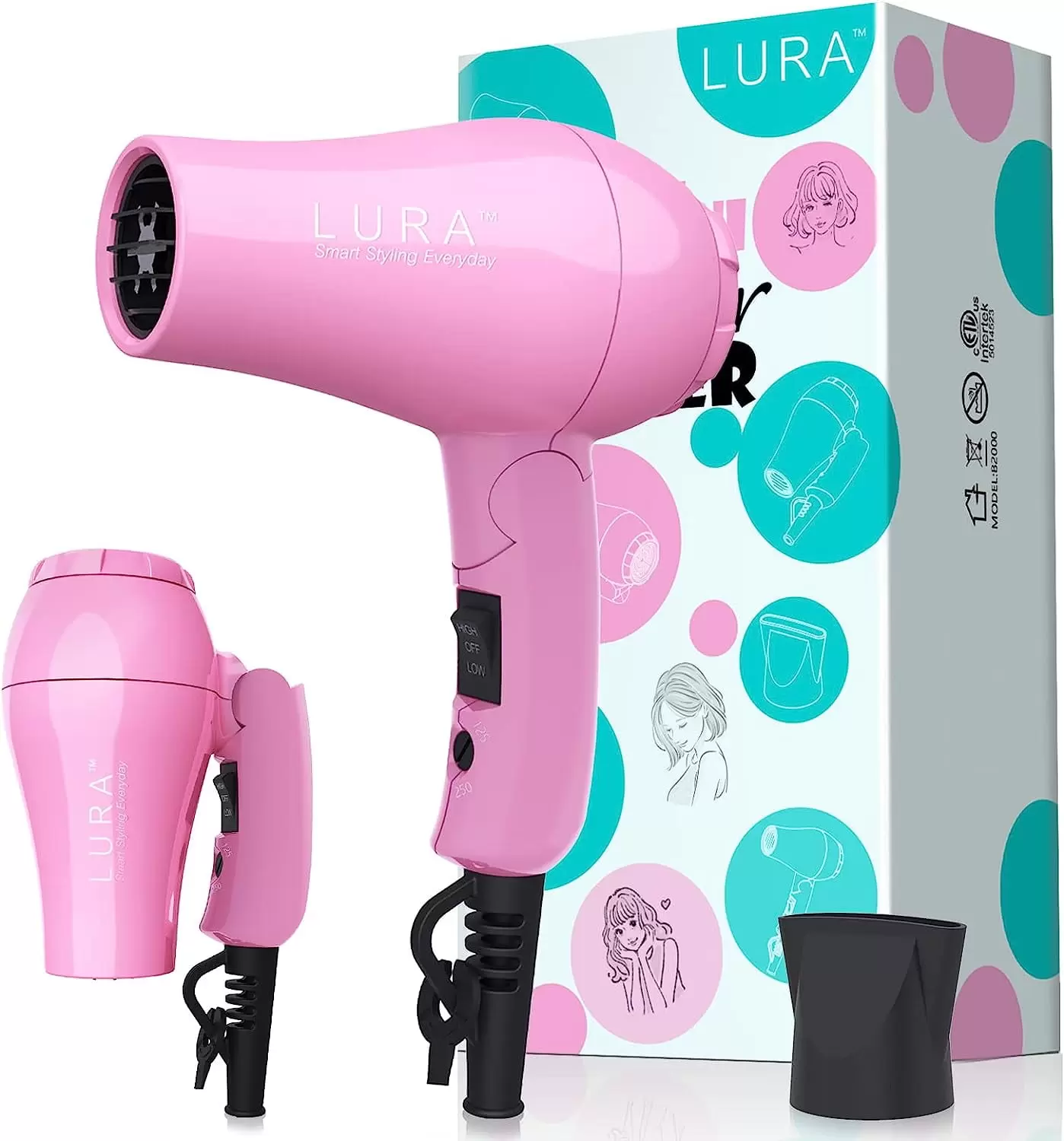 Lura Travel Portable Hair Dryer.Dual Voltage Mini Folding Handle Hair Blow Dryer Lightweight with 1 Concentrator.Pink