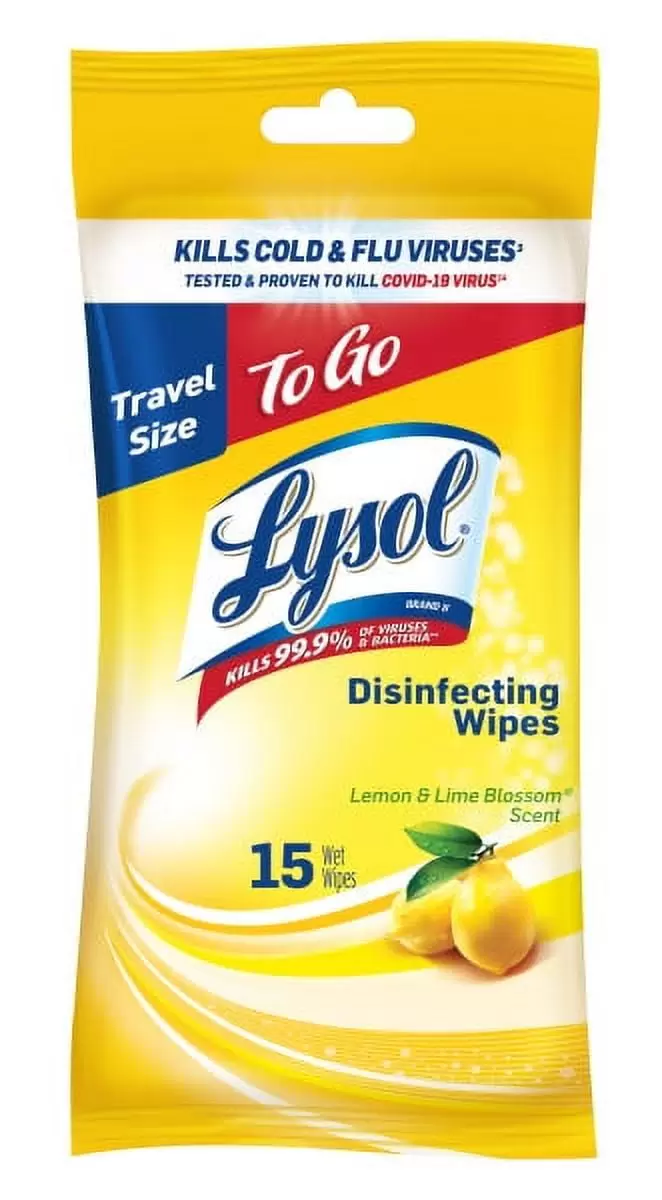 Lysol To Go Disinfectant Wipes. Travel Size Multi-Surface Antibacterial Cleaning Wipes. For On the Go Disinfecting and Cleaning. Lemon and Lime Blossom. 15ct Count