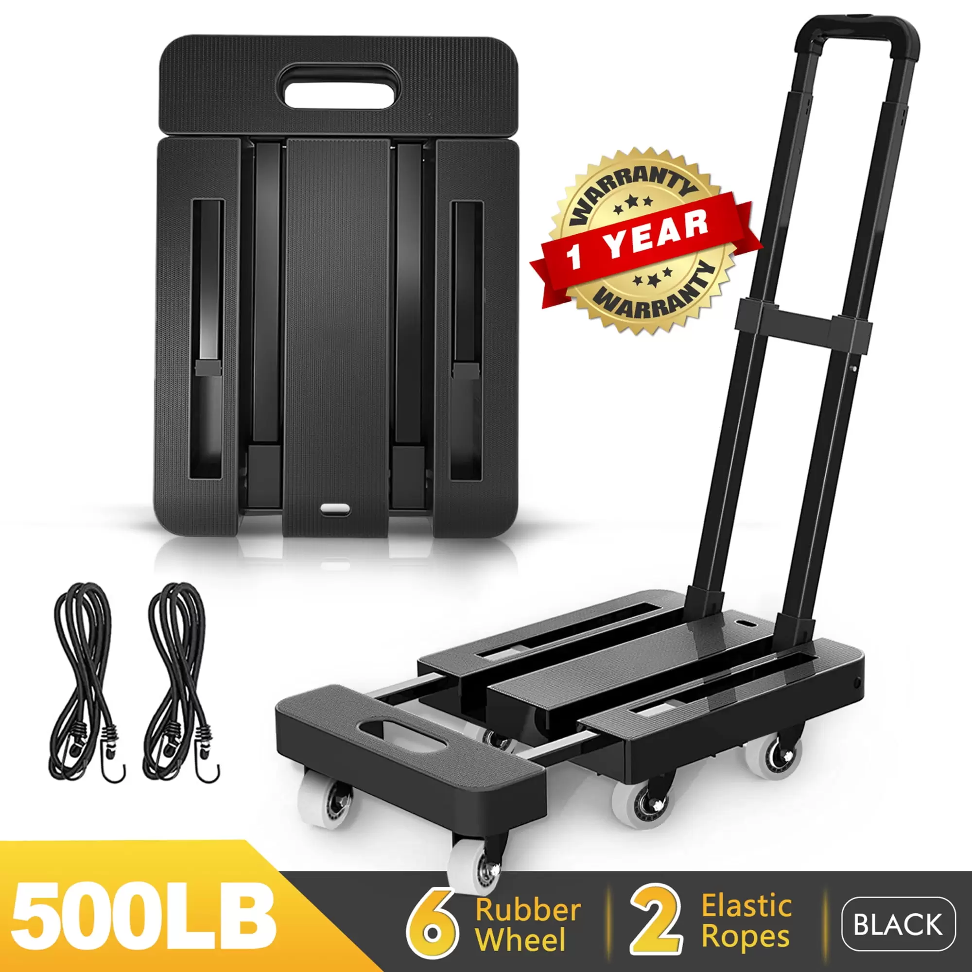 M BUDER Folding Hand Truck. 500 LBS Heavy Duty Dolly Cart. Utility Platform Cart with 6 Wheels for Travel. House. Office. Shopping. Moving Use - Black Folded Size is 11.8 x 17.7