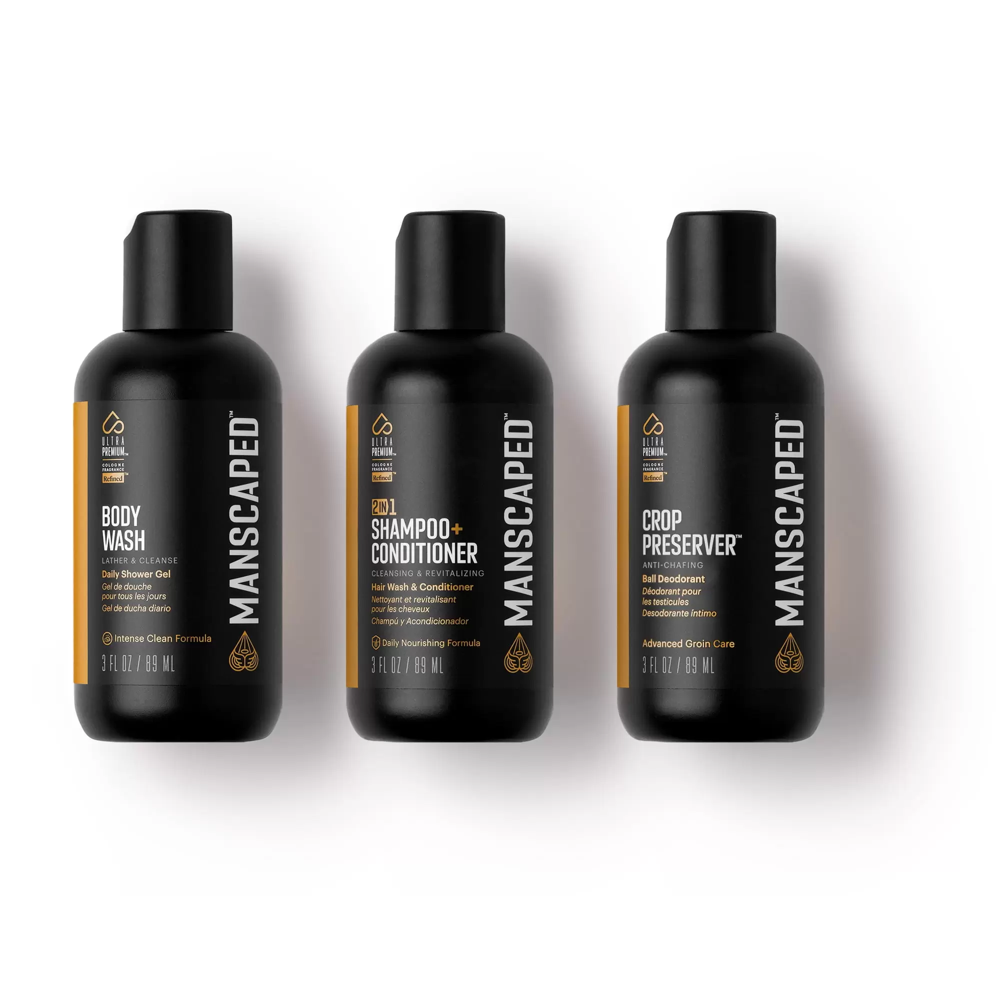 MANSCAPED? Travel Trio Men's Shower Set Includes Crop Preserver? Ball Deodorant. Refined? Body Wash. 2-in-1 Shampoo & Conditioner. 3oz. Travel Sizes