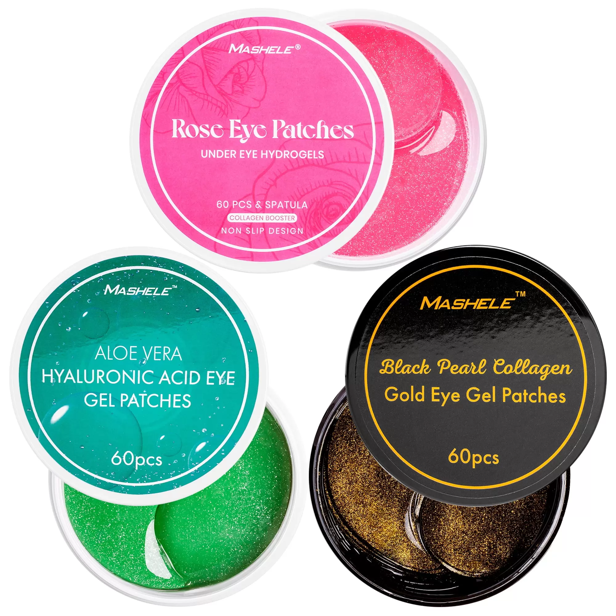 MASHELE Set of 3 Rose Aloe Gold Under Eye Patches. Pack of 180. Collagen Eye Masks for Dark Circles. Puffiness. and Fine Lines