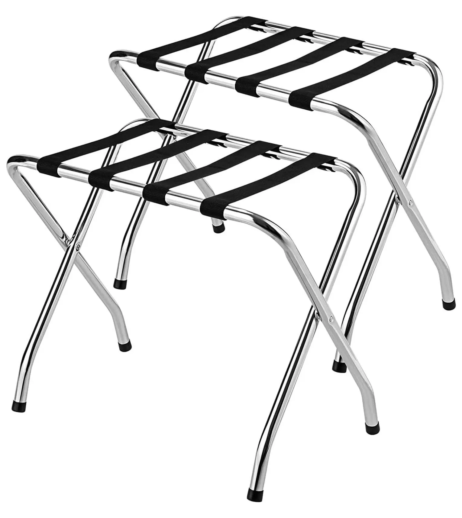 MAT EXPERT Folding Luggage Rack. No Assembly Required. 180lbs Capacity Luggage Holder w/ Nylon Straps & Non-slip Footpads. Chrome Suitcase Stand for Guest Room Home Bedroom Hotel. Set of 2. Silver