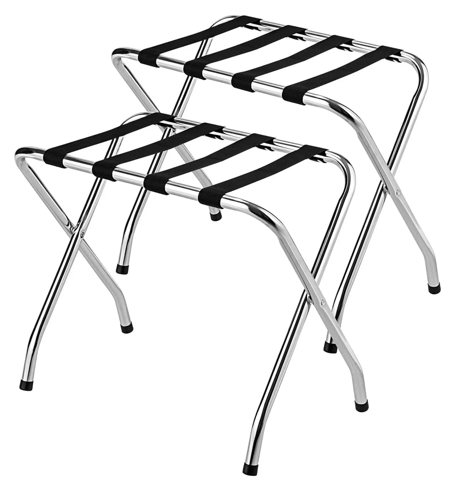 MAT EXPERT Folding Luggage Rack. No Assembly Required. 180lbs Capacity Luggage Holder w/ Nylon Straps & Non-slip Footpads. Chrome Suitcase Stand for Guest Room Home Bedroom Hotel. Set of 2. Silver