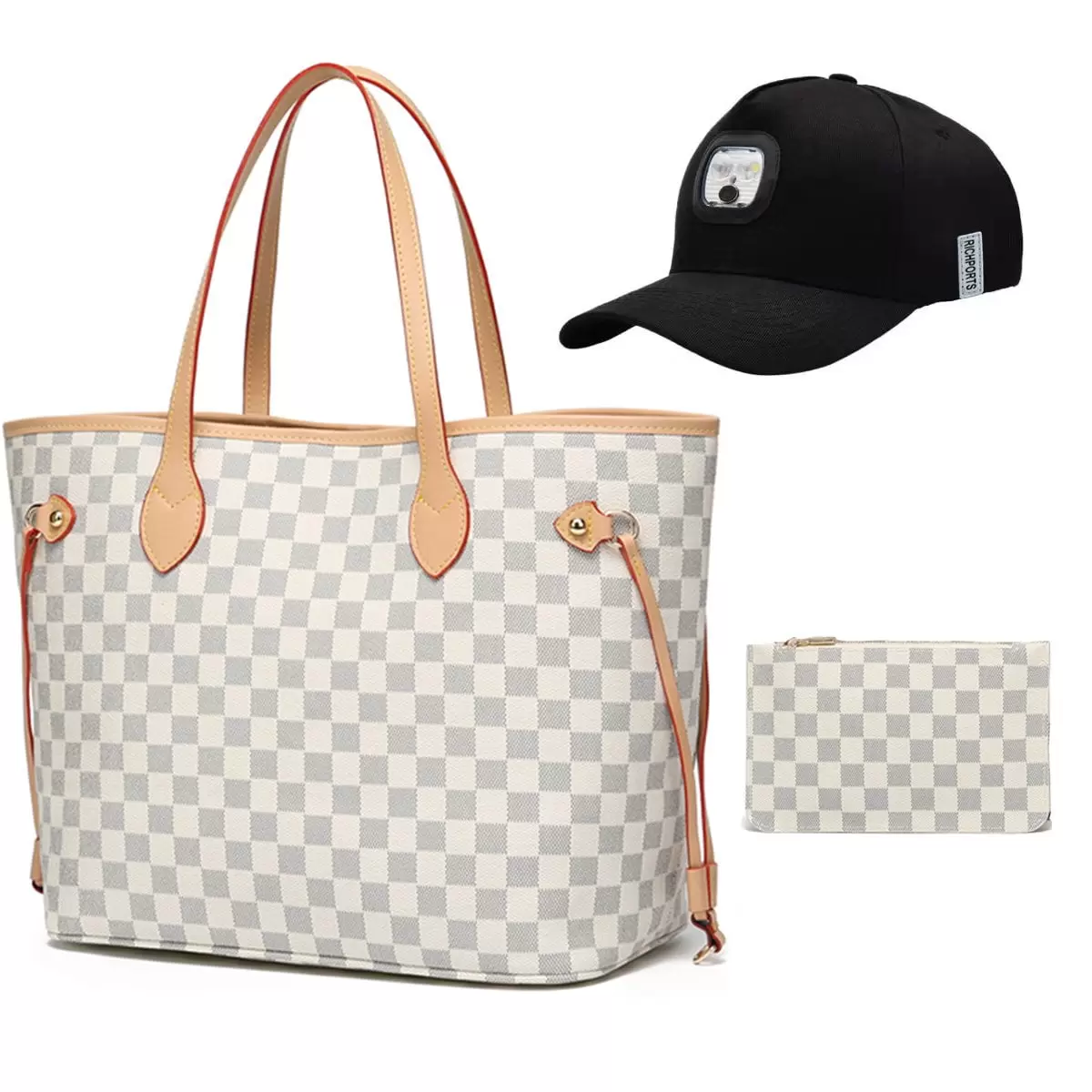 RICHPORTS Checkered Tote Shoulder Bag with inner pouch - PU Vegan Leather White