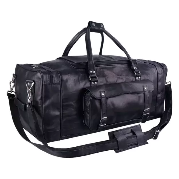 MaheTri 24 Inches Black Leather Travel Duffel Weekender Bag Carry-on Overnight Bag Sports Duffel bag For Unisex