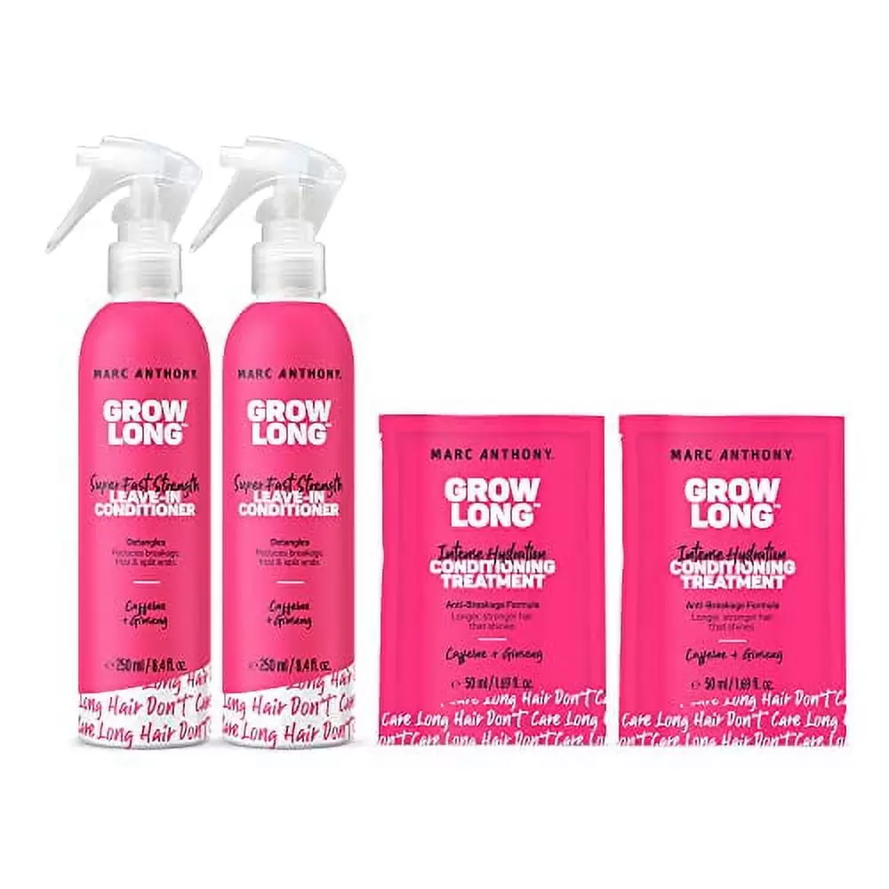 Marc Anthony Grow Long Hair Treatment Bundle - 2 Leave In Conditioner Sprays & 2 Travel Hair Mask - Anti-Frizz. Anti-Breakage & Nourishing Formula For Split Ends. & Hair Growth for Dry &am