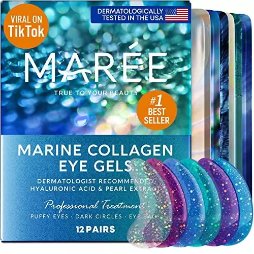 Maree Eye Gel Pads - Reduce Wrinkles. Puffy Eyes. Dark Circles. Eye Bags - Natural Marine Collagen Eye Gels with Hyaluronic HA - Anti Aging Eye Mask Patches & Face Moisturizer