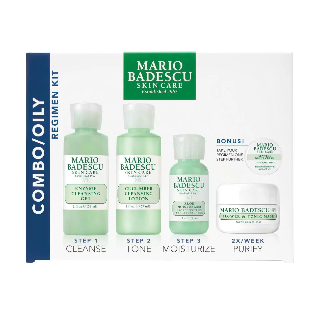 Mario Badescu Combo/Oily Regimen Kit Face Cleanser Wash. Mask. and Cream. Travel Size Gift Set. 5 Pack