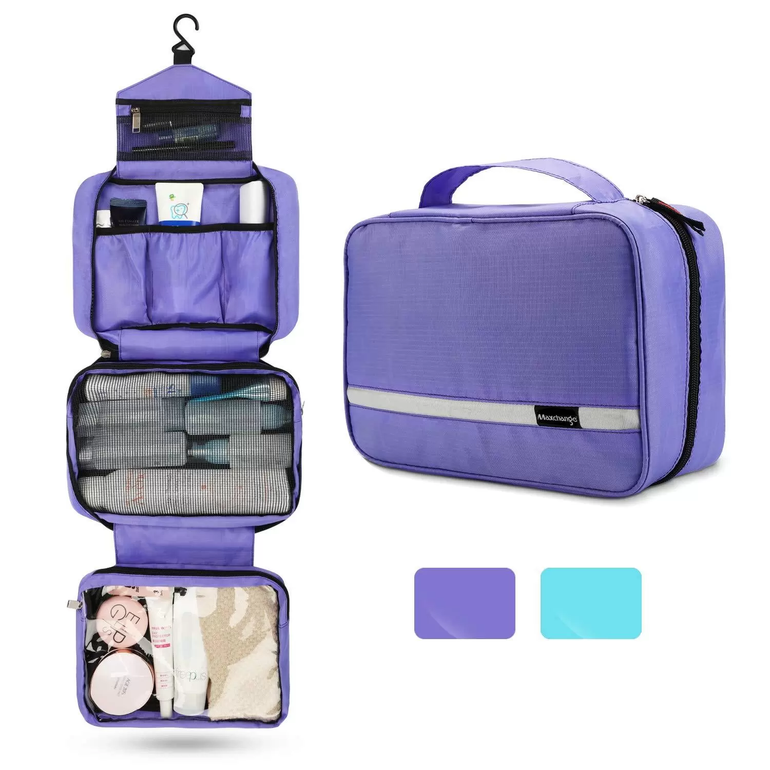 Maxchange Travel Toiletry Bag for Women. Hanging Toiletry Bag with 4 Compartments. Portable and Waterproof Compact travel Bathroom Organizer. Ideal for Travel/Daily Life (Purple)