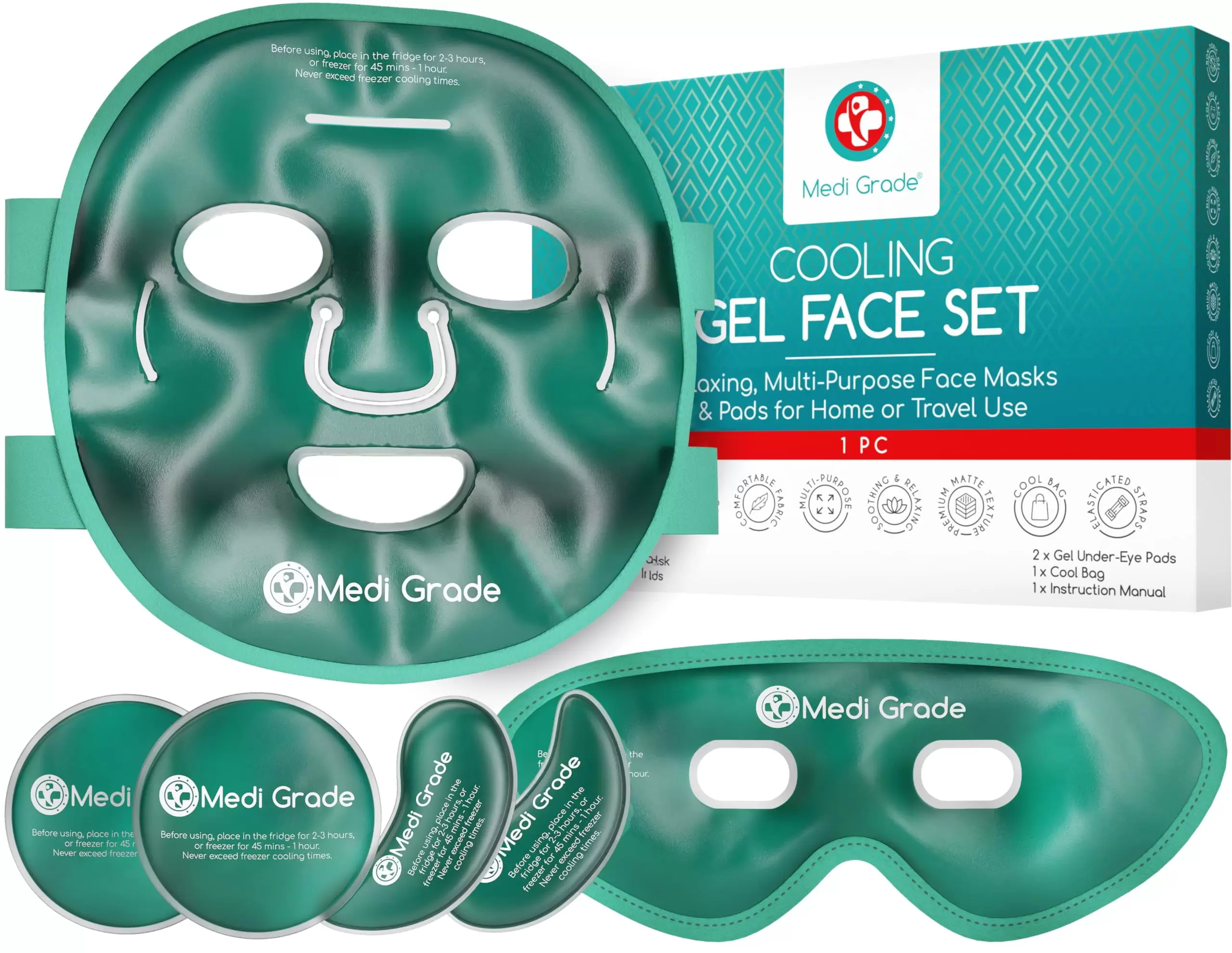 Medi Grade Cooling Ice Face Mask and Cooling Eye Mask for Puffy Eyes & Migraine Relief - Self Care Face Ice Pack with ChillGel Face Ice Mask Technology - Cooling Face Mask. Eye Pads and Bag