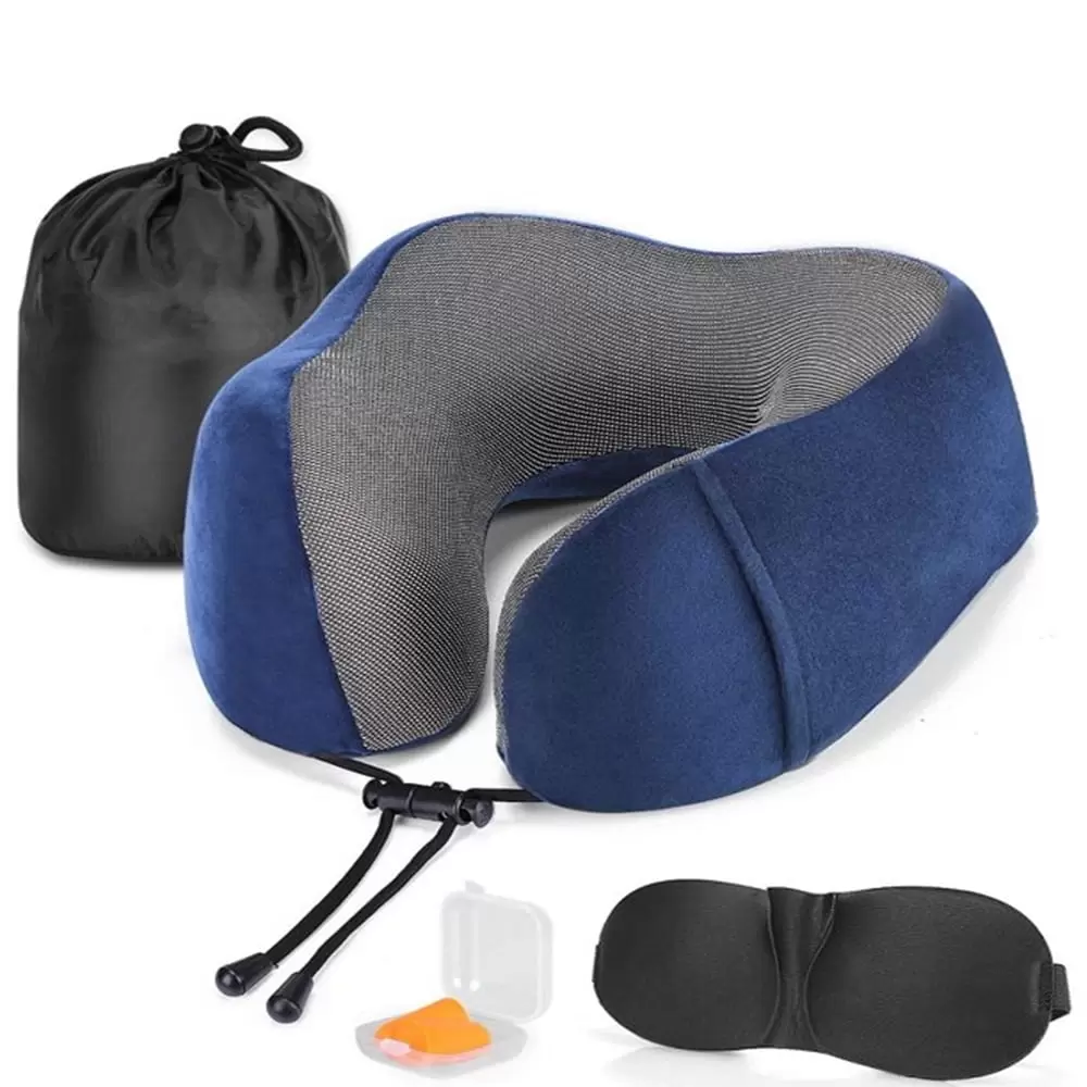 Meidong Memory Foam Neck Pillow with 3D Contoured Eye Mask. Earplugs. &Travel Bag