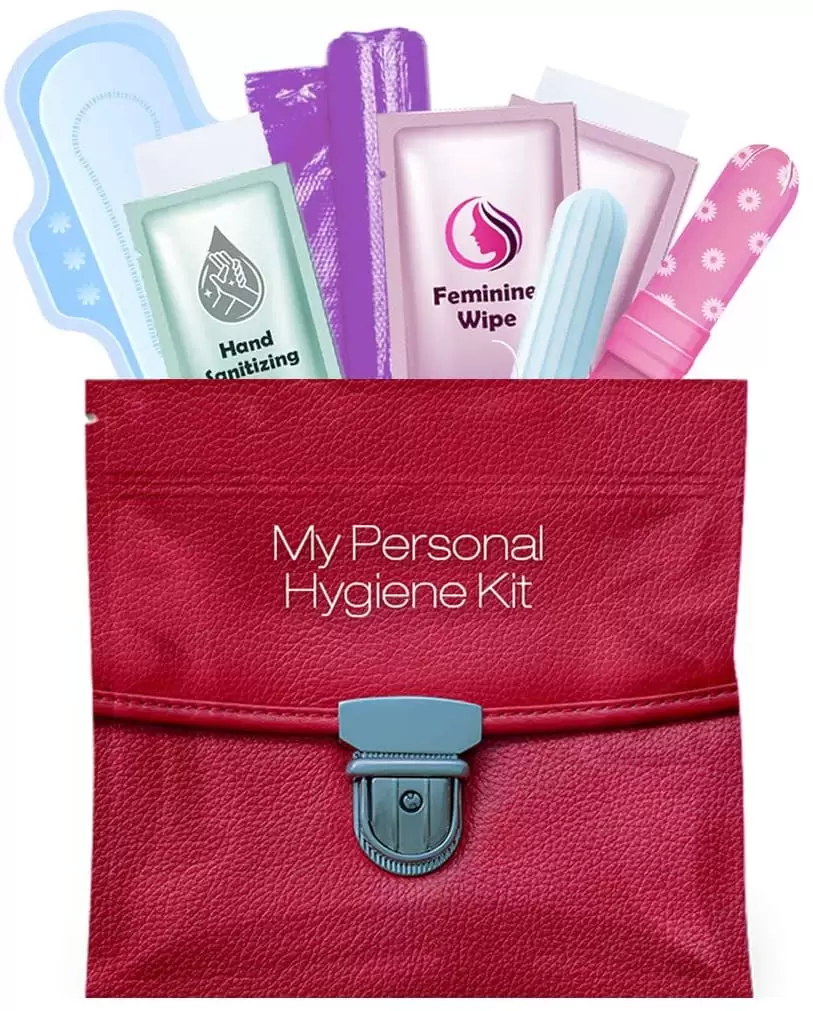 Menstrual Kit All-in-One | Convenience on The Go | Single Period Kit Pack for Travelling. Tweens & Teenagers or Emergency situations | Individually Wrapped Feminine Hygiene Products (Red Purse)