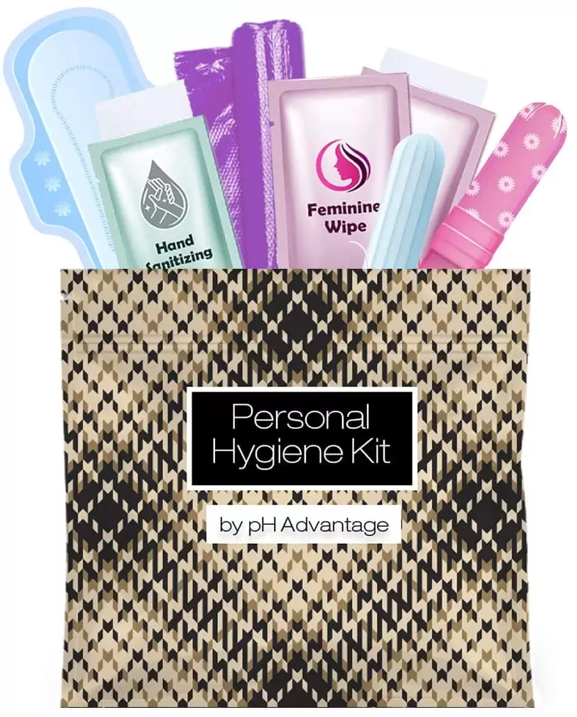 Menstrual Kit All-in-One | Convenience on The Go | Single Period Kit Pack for Travelling. Tweens & Teenagers or Emergency situations | Individually Wrapped Feminine Hygiene Products (Leather Light)