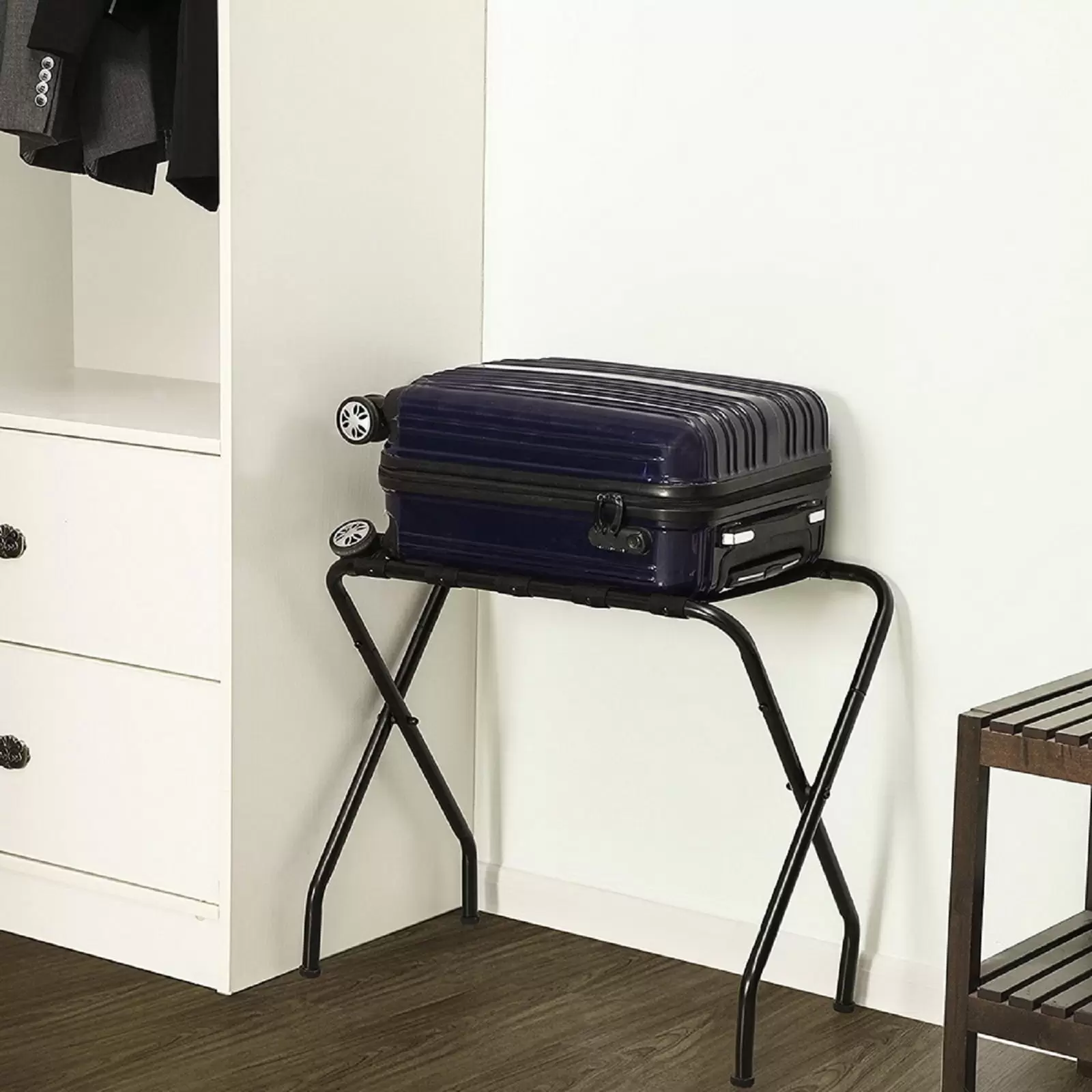 Metal Luggage Rack Folding Suitcase Stand Shelf. Guest Room. Hotel. Black