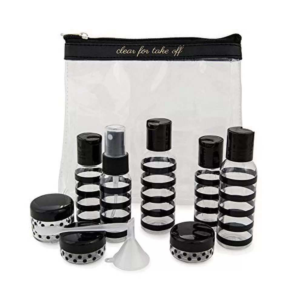 Miamica Women's Tsa Compliant Travel Bottles and Toiletry Bag Kit. 12 Piece. Black/clear. One Size