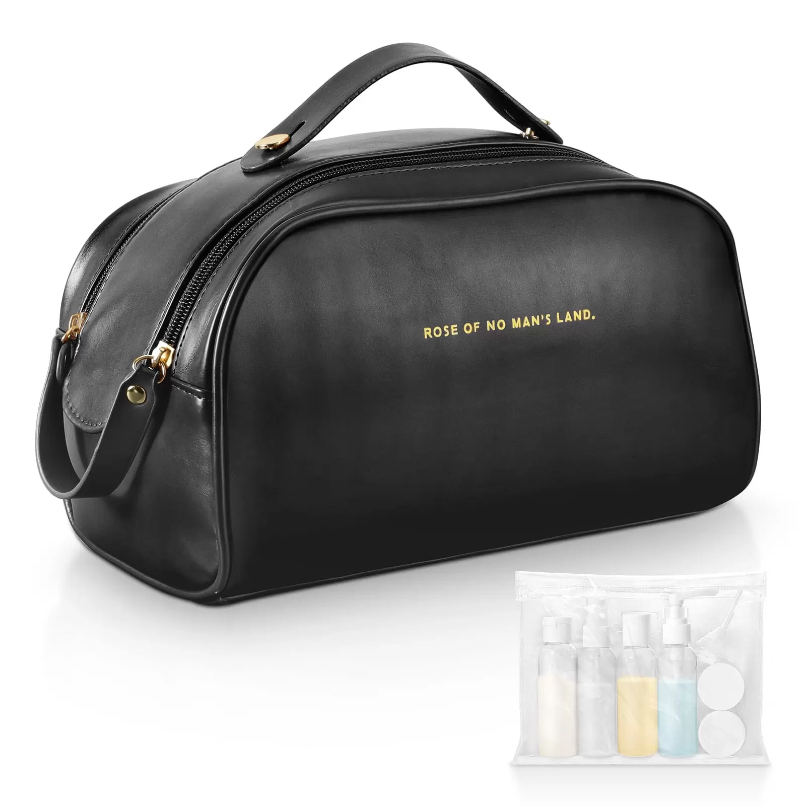 MoKo Travel Makeup Bag with 9pcs Plastic Travel Bottles for Women Men. Large Capacity PU Leather Cosmetic Bag Toiletry Organizer. Black