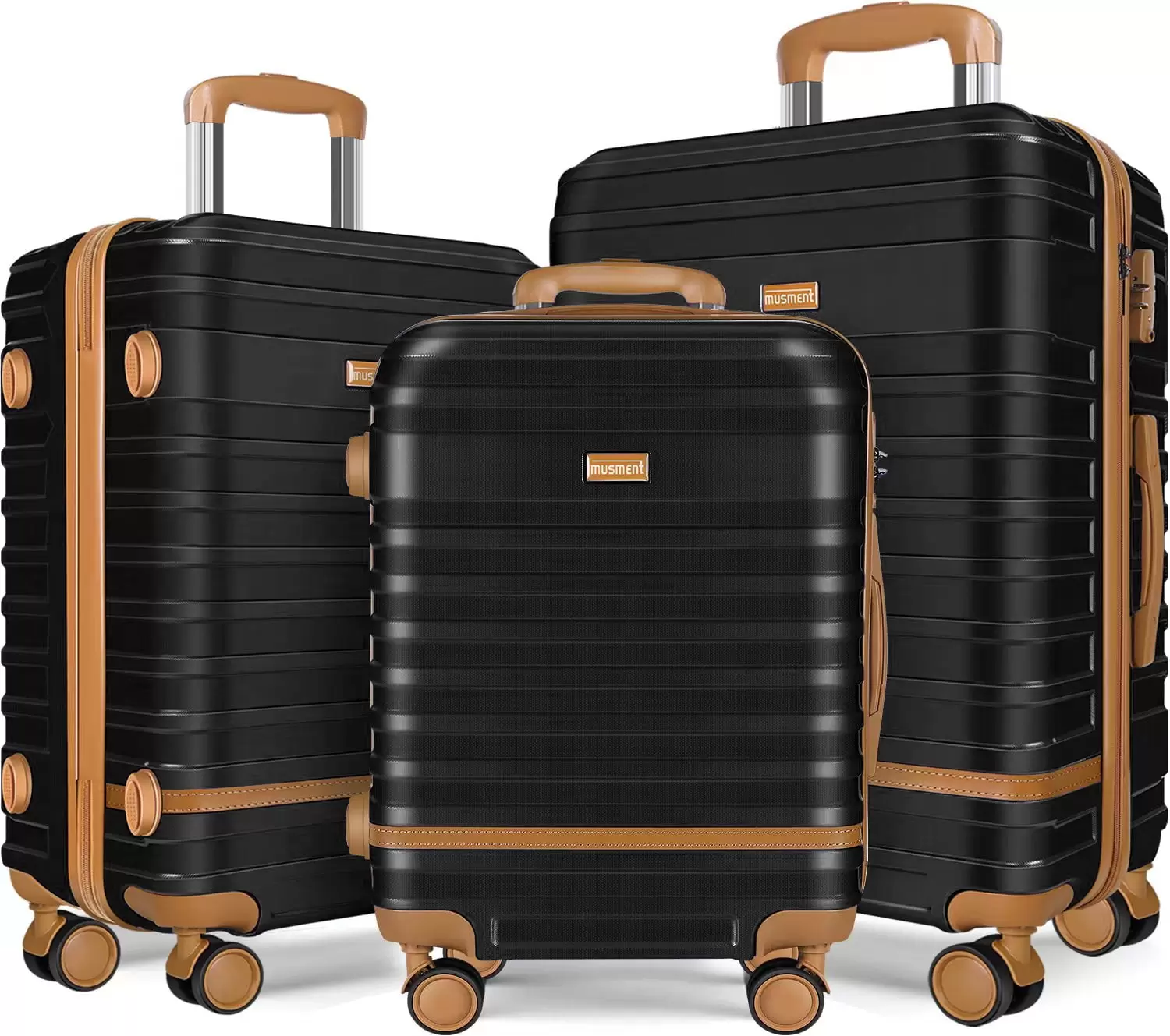 Musment 3 Piece Luggage Sets .ABS Hardshell Lightweight Suitcase with TSA Lock Double Spinner Wheels.Black