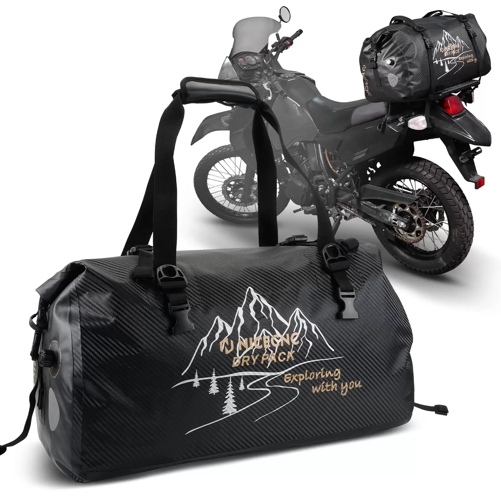 NICECNC Motorcycle Dry Duffle Bag 66L Waterproof Travel Duffel Reflective Tail Luggage Bag. Black