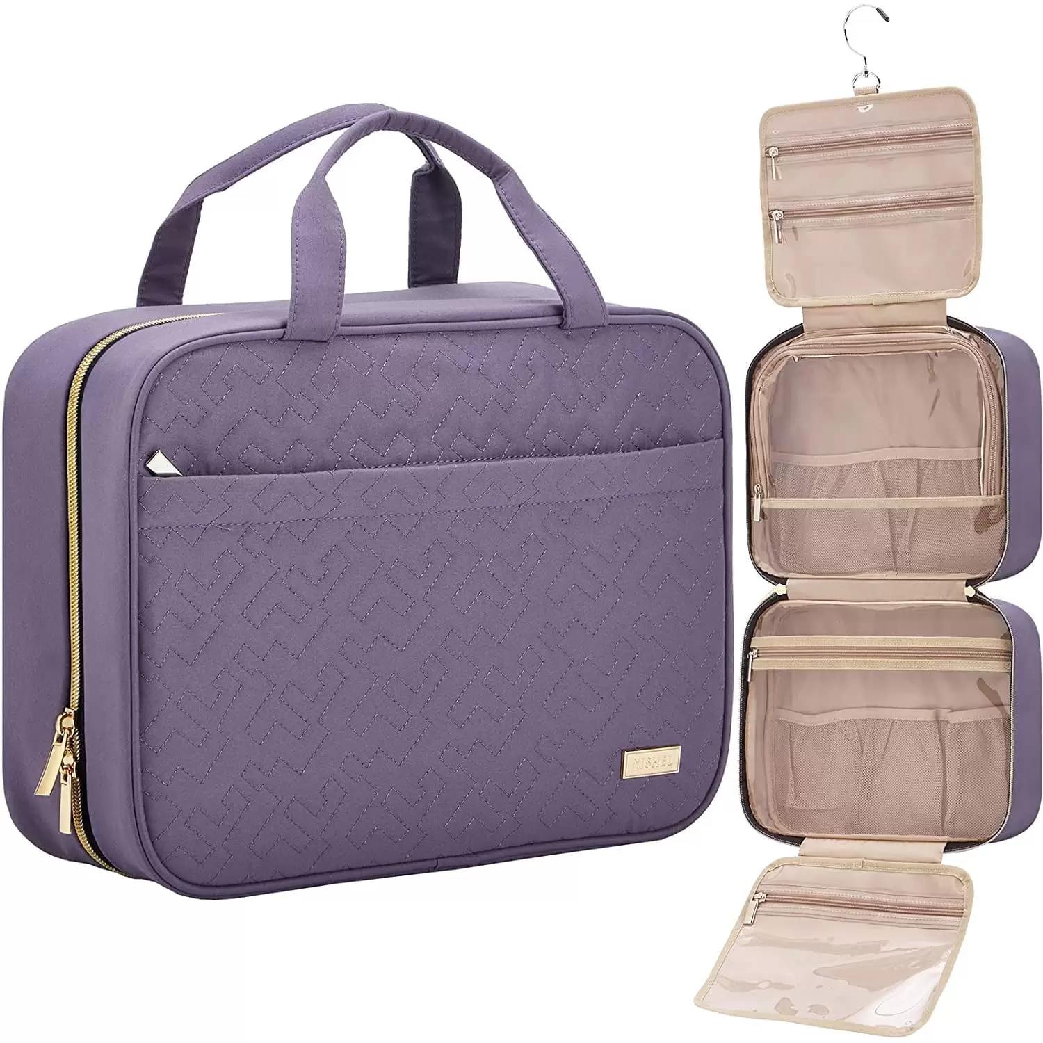 NISHEL Travel Toiletry Bag for women. Portable Hanging Organizer for Full-Sized Shampoo. Conditioner. Brushes Set. Travel-Size Accessories. Purple