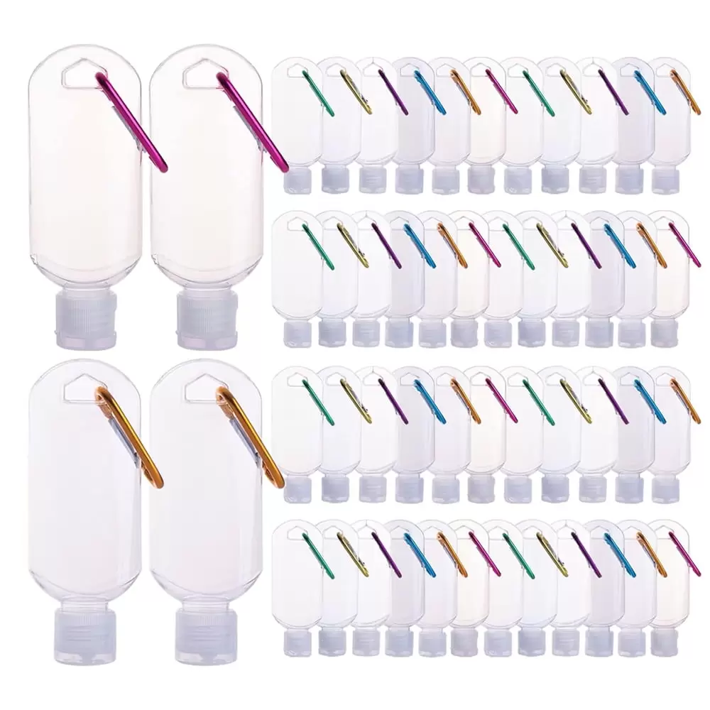 NOGIS 50 Pack Plastic Travel Squeeze Bottles with Keychains. 2 oz Empty Hand Sanitizer Bottles with Flip Cap. Portable Liquid Squeeze Containers for Toiletries. Cosmetics - Leak Proof. Refillable