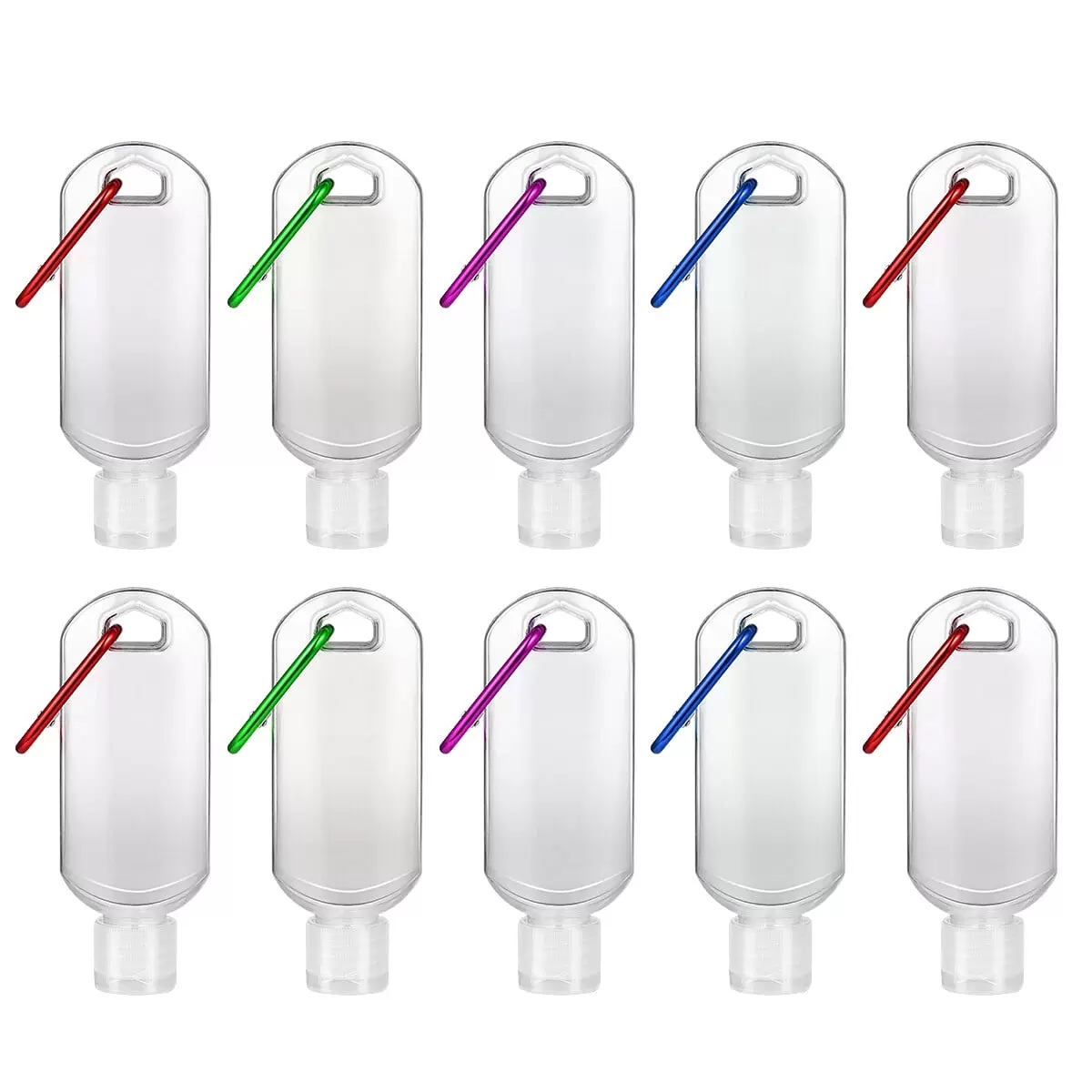 NUOLUX 10pcs 50ml Refillable Bottles with Hook Hand Sanitizer Containers Travel Bottles Alcohol Containers (Transparent Bottles Random Pattern Hook)