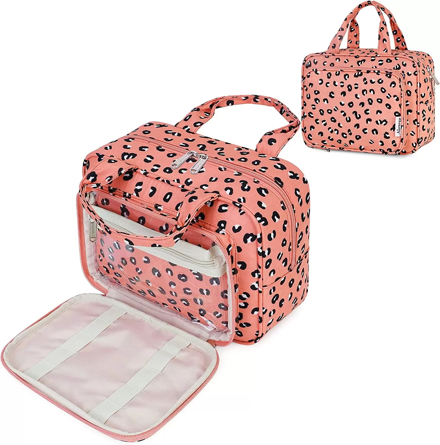 Narwey Full Size Toiletry Bag Women Large Makeup Bag Organizer Travel Cosmetic Bag for Essentials Accessories (Orange Leopard)