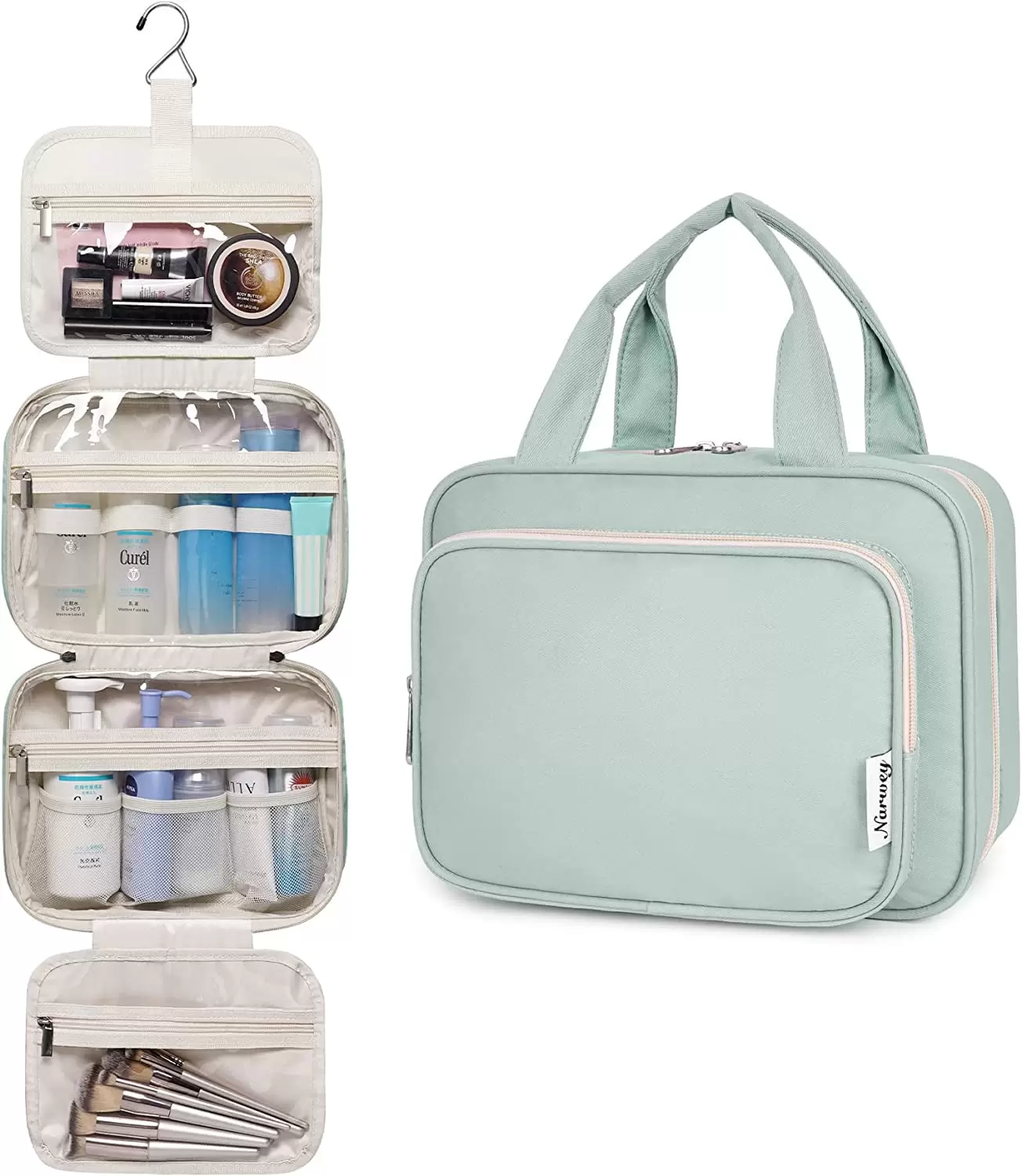 Narwey Hanging Toiletry Bag for Women Travel Makeup Bag Organizer Toiletries Bag for Travel Size Essentials Accessories Cosmetics (Mint Green (Medium))