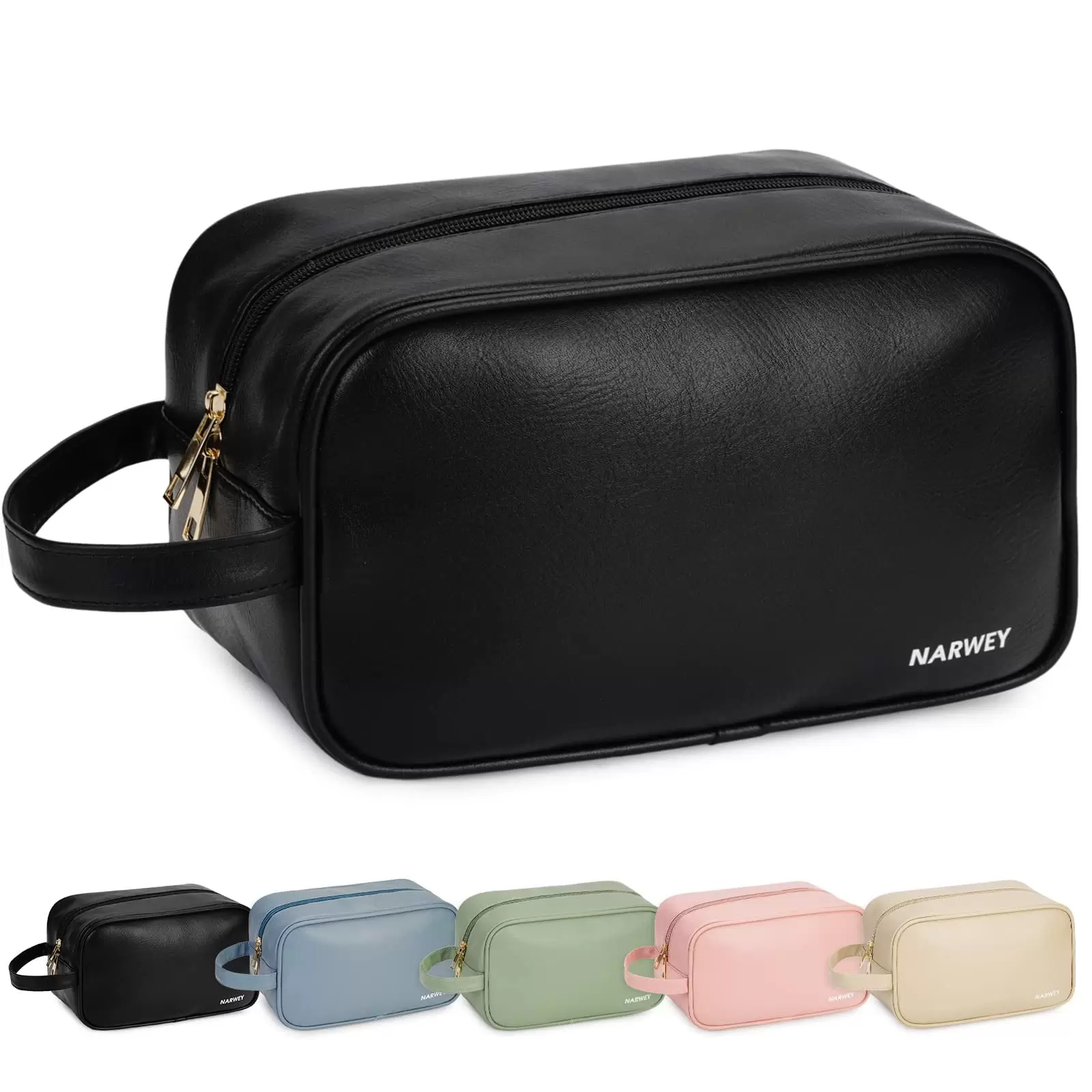 Narwey PU Leather Travel Toiletry Bag for Women Traveling Dopp Kit Makeup Bag Organizer for Toiletries Accessories Cosmetics (P-Black)