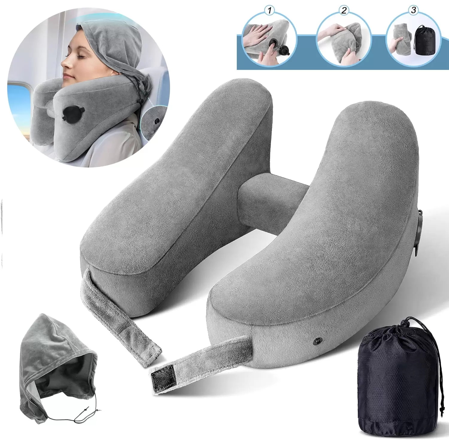 SunshineFace Neck Pillow for Travel Inflatable Airplane Pillow Comfortably Supports Head. Neck and Chin. Inflatable Travel Pillow with Soft Velour Cover and Portable Drawstring Bag (Grey)