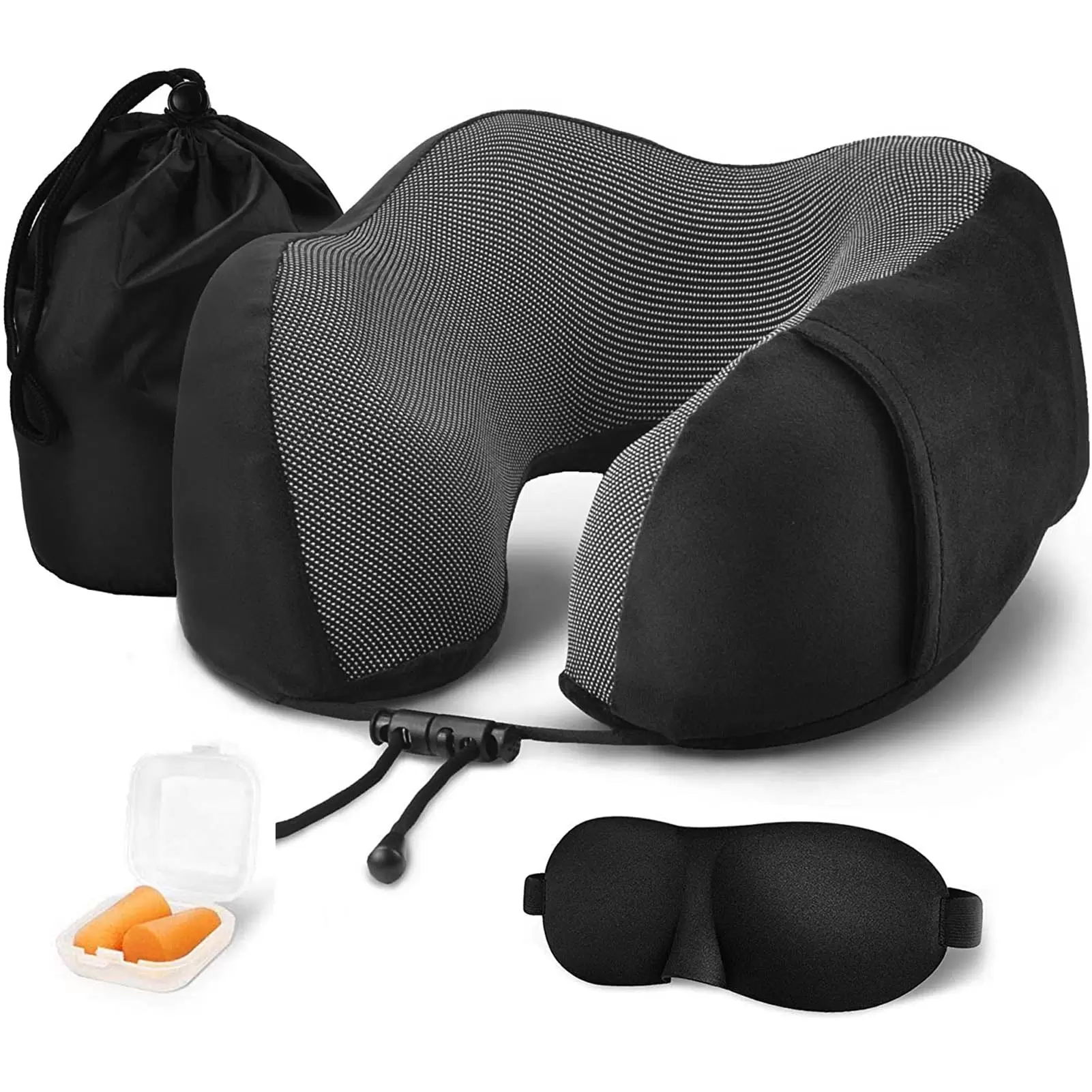 Neck Pillow Travel Pillow. Best Memory Travel Neck Pillow for Airplane Sleeping Travel Pillows with Storage Bag. Sleep Mask and Earplugs-Prevent (Black)