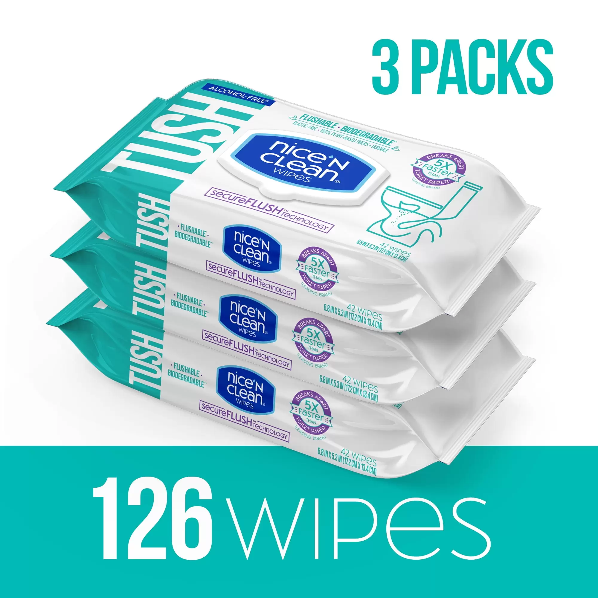 Nice 'N CLEAN SecureFLUSH Alcohol Free Flushable Wipes. Gentle for Sensitive Skin. 3 Flip-Top Packs (126 Total Wipes)