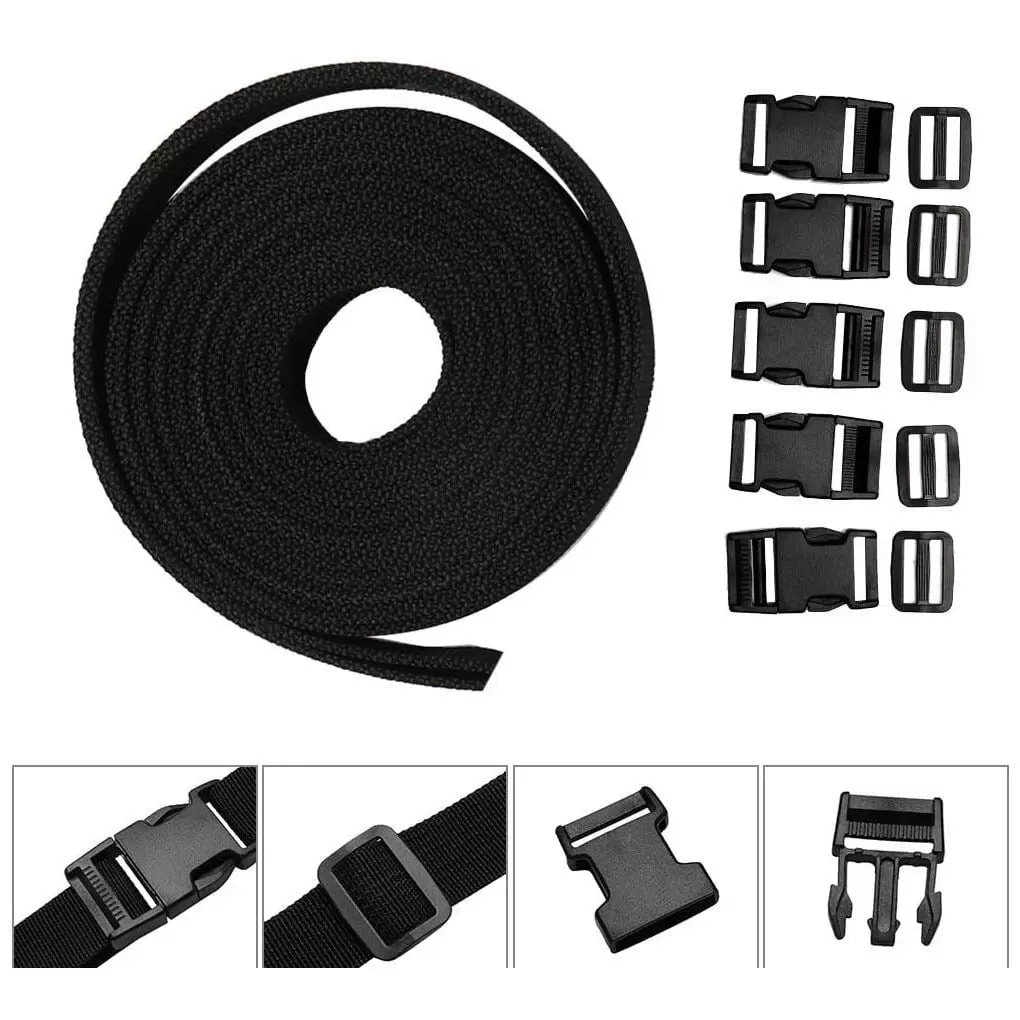 Nylon Binding Tape with Plastic Buckle Black Webbing Strap with 5 Clasps Home Nylon String