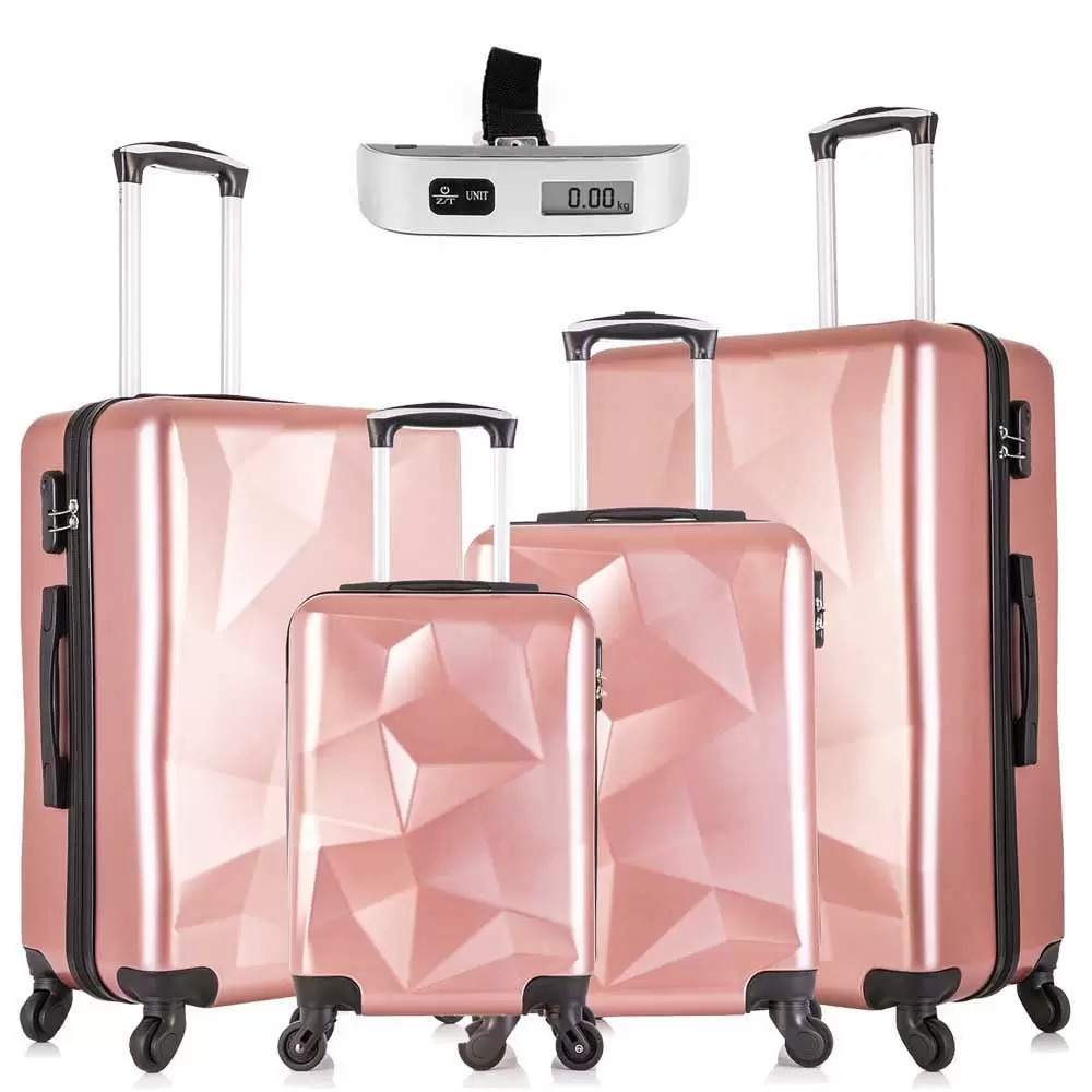 OKAKOPA Omni PC Luggage Sets 4 Piece Luggage Set Suitcases with Spinner Wheels Hardshell Lightweight Luggage W/ Scale. Pink (18 inch 20 inch 24 inch 28 inch)