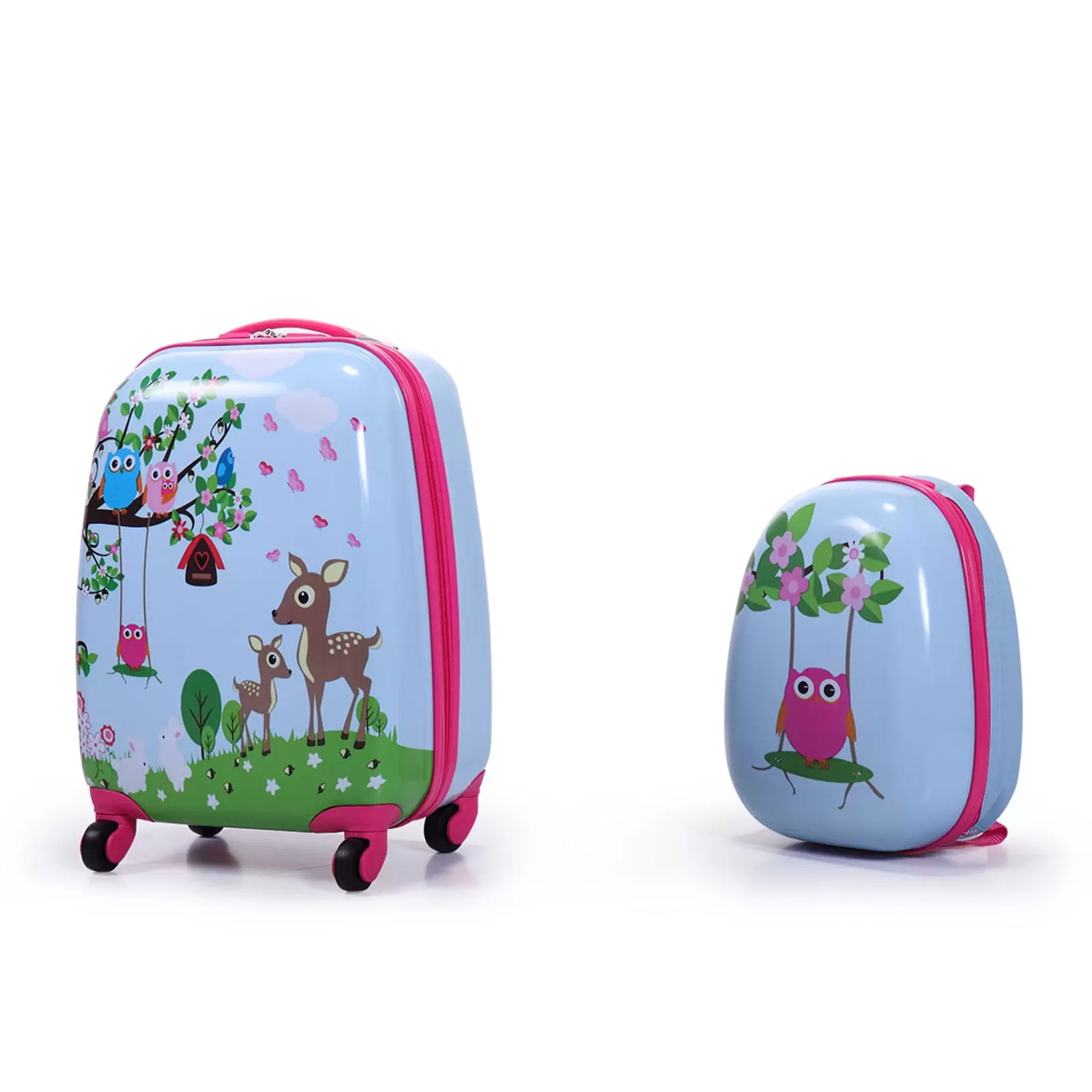 OWSOO Kids Luggage Set. Backpack and Spinner Case. Light Blue with Animal Patterns. Travel Suitcase for Boys Girls