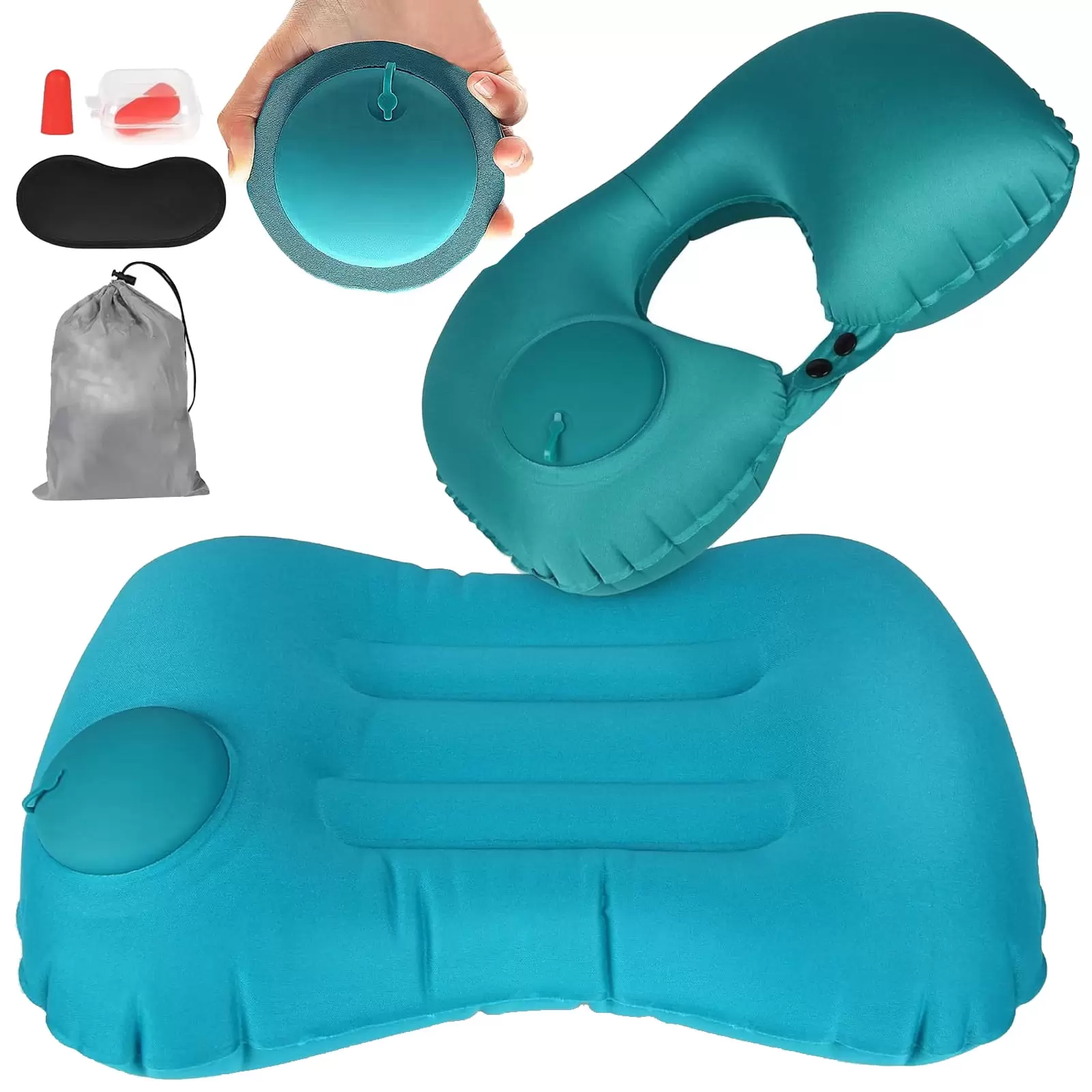 OhhGo 4Pcs Inflatable Travel Pillows Set.Adjustable Fast Inflatable U Shape Neck Pillow.Portable Waist Support Cushion .Earplugs Eye Mask and Carry Bag. for Airplanes.TravelingMint Green