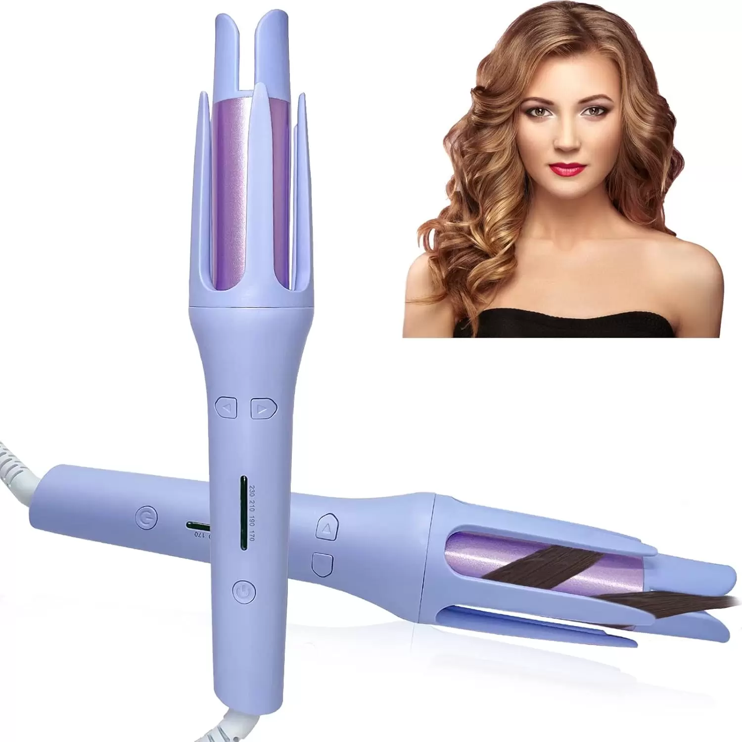 OhhGo Automatic Curling Iron. Auto Rotating Wand Hair Curler with 4 Temps and Ceramic Ionic Barrel. Dual Voltage Auto Shut-Off Spin Iron for Hair Styling. Purple