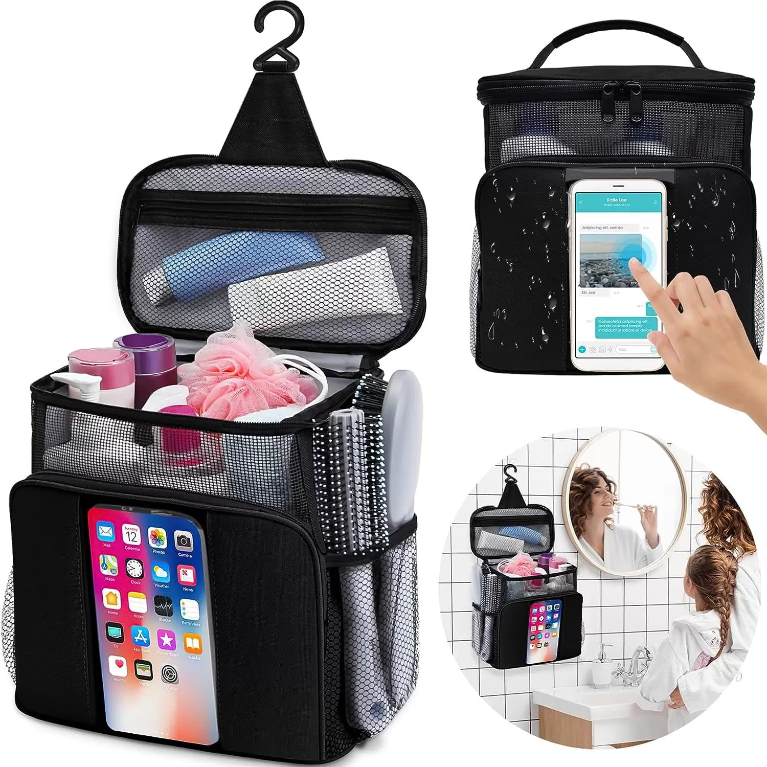 OhhGo Shower Caddy. Dorm Room Essentials for Girls Boys.Toiletry Bag Quick Dry Hanging Mesh Tote Bag Shower Caddy Bag for Home College. Camping. Black