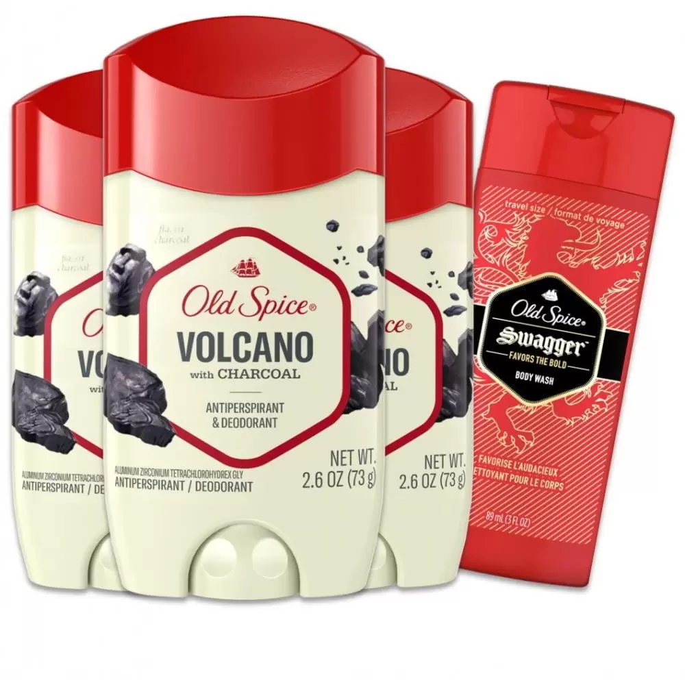 Old Spice Men's Antiperspirant & Deodorant Volcano with Charcoal. 2.6 oz Pack of 3 with Travel-Size Swagger Body Wash