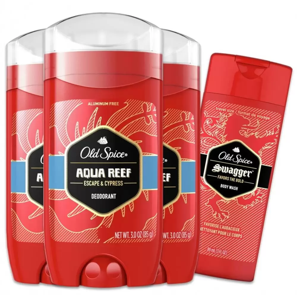 Old Spice Men's Deodorant Aluminum-Free Aqua Reef. 3.0 oz Pack of 3 with Travel-Sized Swagger Body Wash