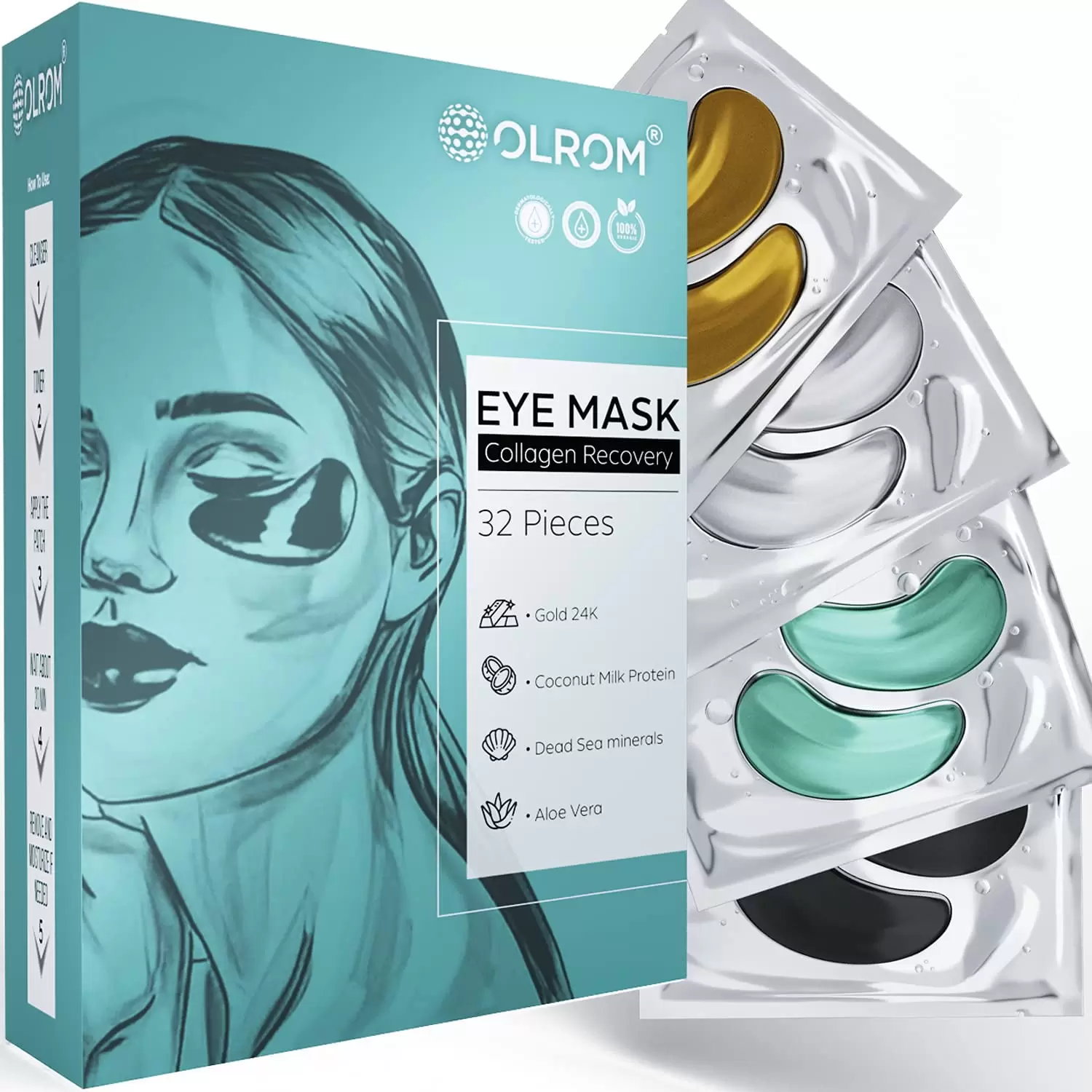 Olrom Eye Pads - 4 Kits Collagen Under Eye Patches Mask - 16 Pairs