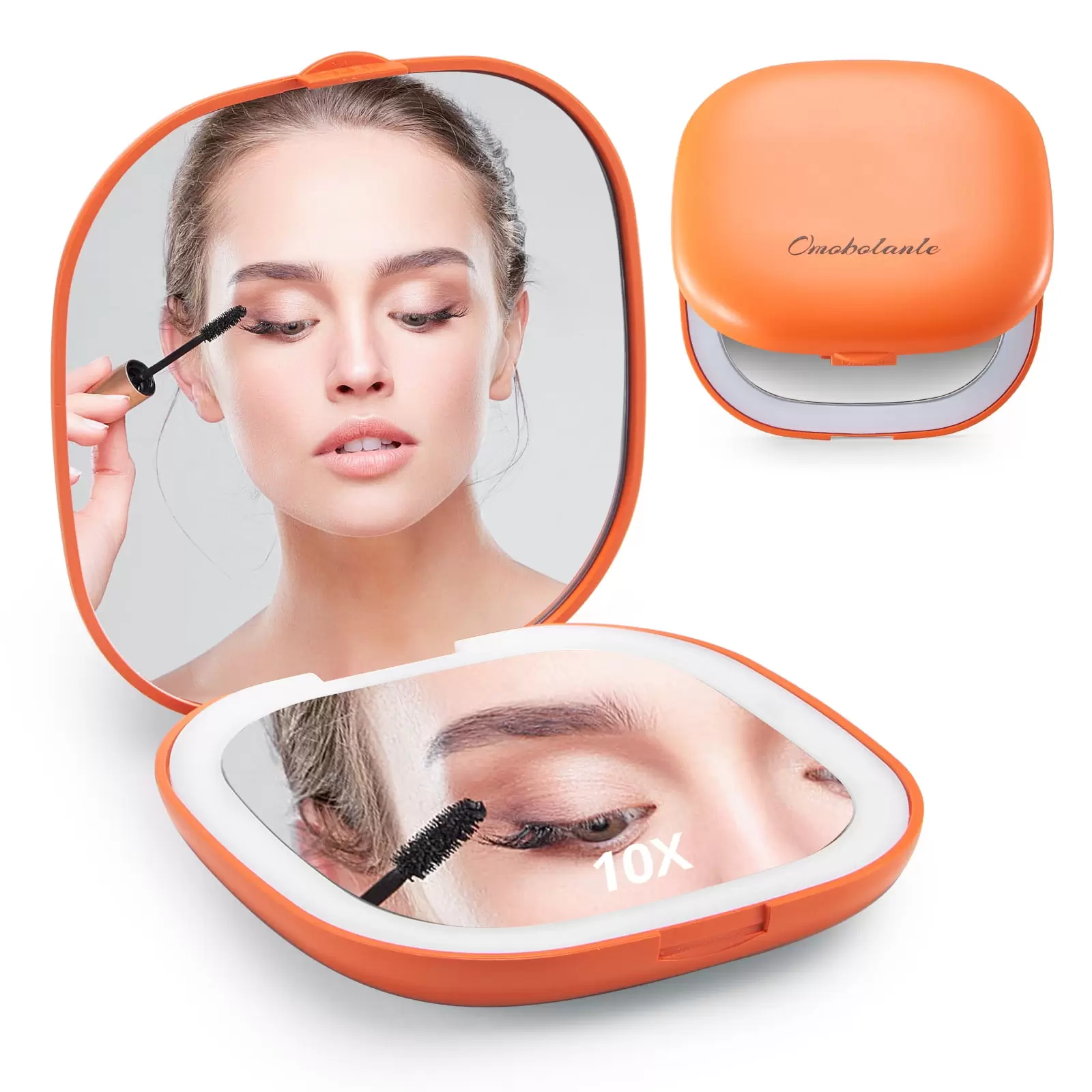 Omobolanle Mirror Travel Makeup with Lights 10x Magnifying Handheld Portable Mirror for Home Orange