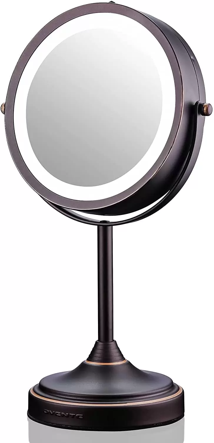 Ovente 7'' Lighted Tabletop Makeup Mirror. 1X & 7X Magnifier. Spinning Double Sided Round LED. Great for Vanity. Bath. & Bedroom. Battery Powered. Antique Bronze MCT70ABZ1X7X