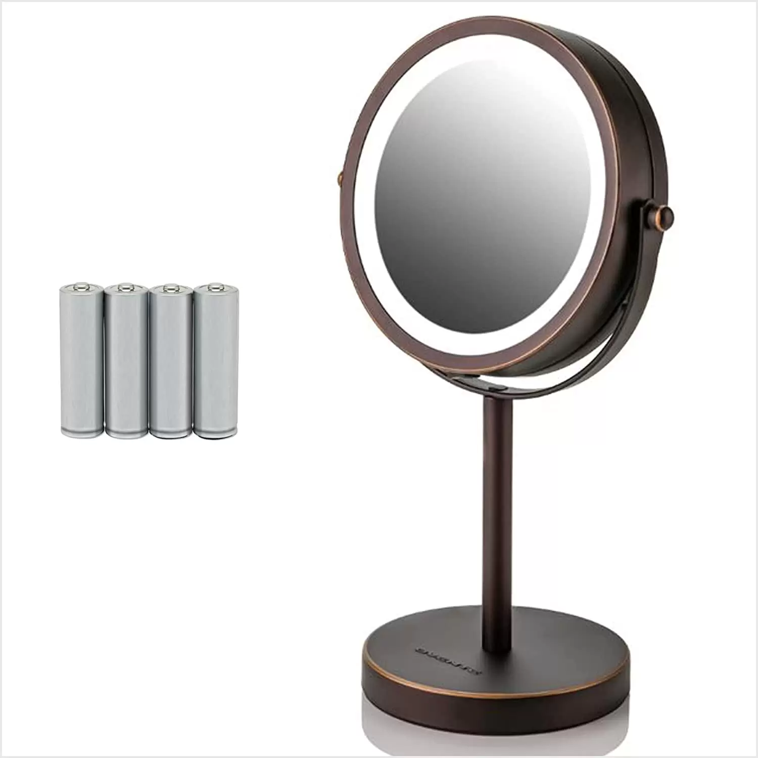 Ovente Lighted Vanity Mirror 6 Inch Table Top 1X 7X Magnification LED 360 Adjustable Double Sided Spinning Personal Makeup Stand Desk Bathroom Battery Powered Circle Large Antique Bronze MLT60ABZ1X7X