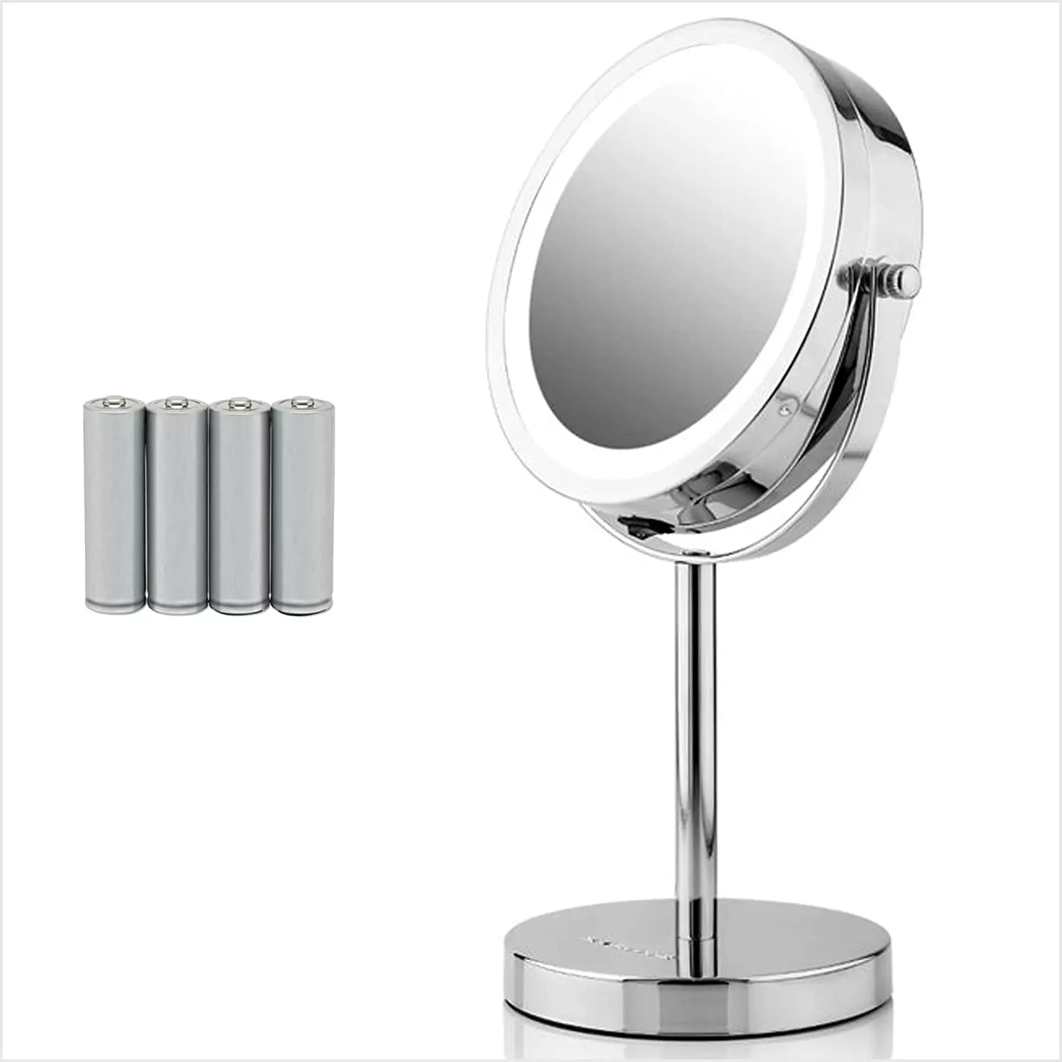 Ovente Lighted Vanity Mirror 6 inch Table Top 1X 7X Magnification LED 360 Adjustable Double Sided Spinning Personal Makeup Stand Desk Bathroom Battery Powered Circle Large Polished Chrome MLT60CH1X7X