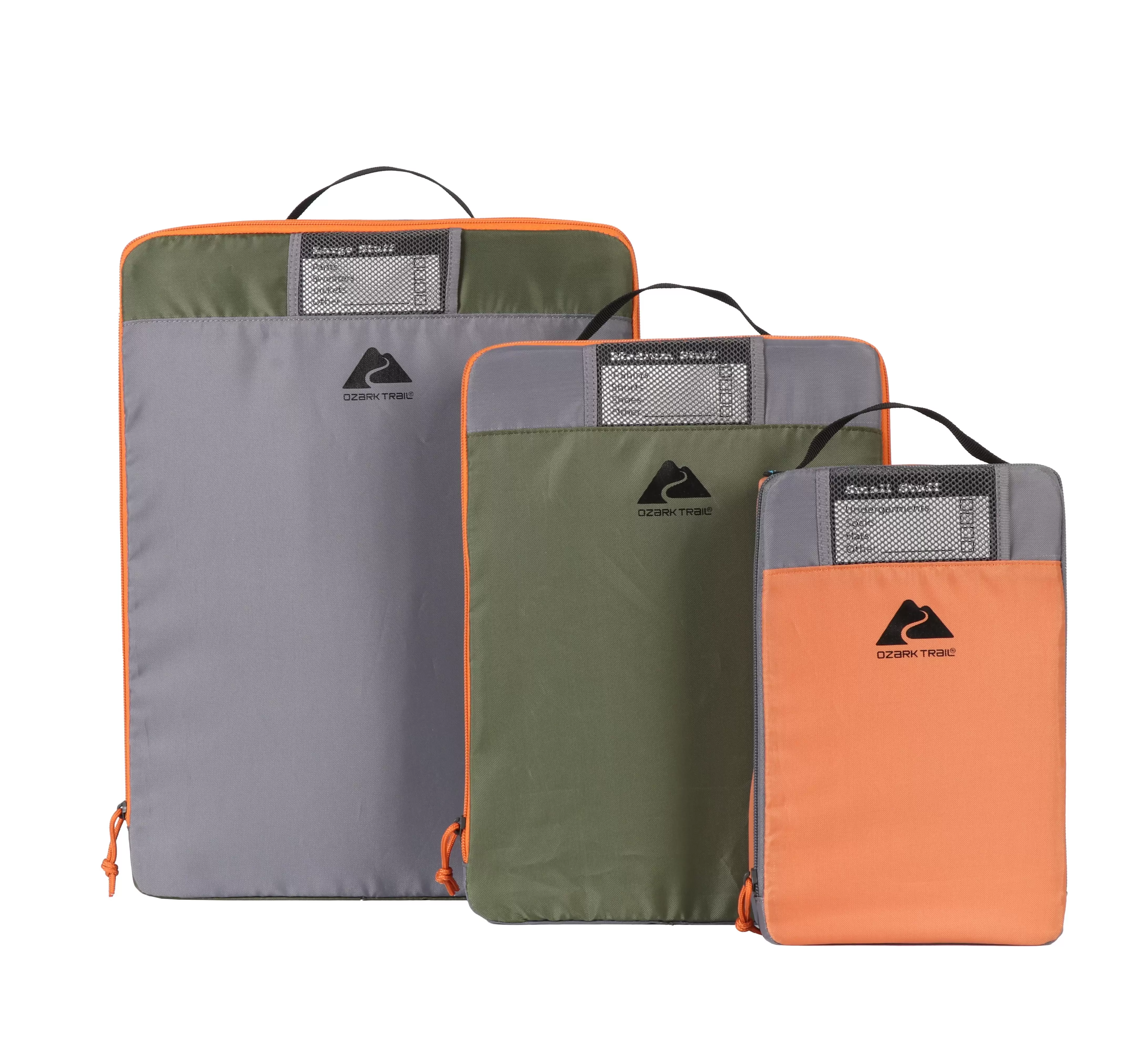 Ozark Trail Set of 3 Non-structured Polyester Camping Organizer Cubes. Various Sizes. Orange. Grey. & Green