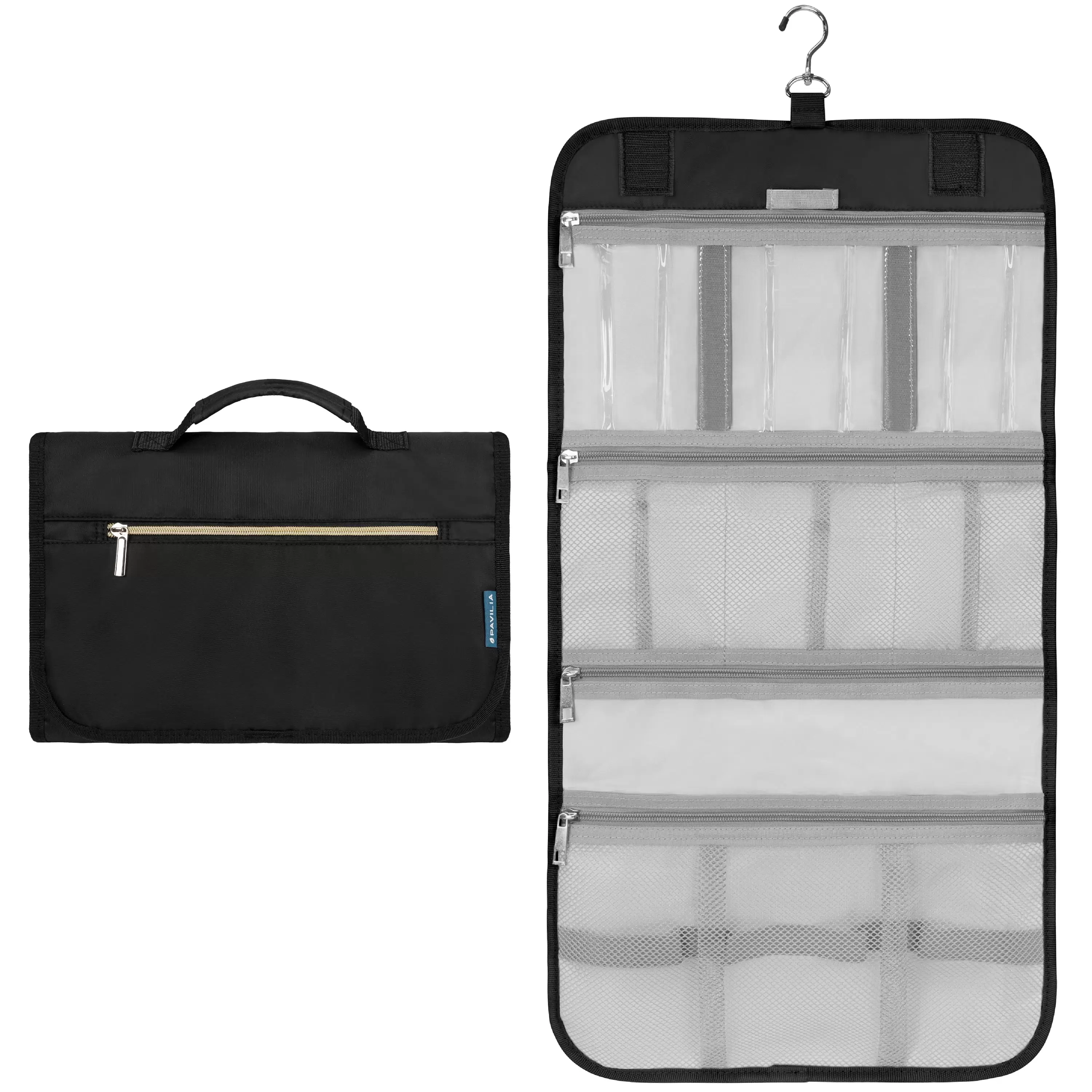 PAVILIA Hanging Toiletry Bag Women Men. Travel Kit Foldable Toiletries Organizer. Roll up Cosmetics Makeup Bag Accessories. Waterproof Essentials Jewelry Case (Black)