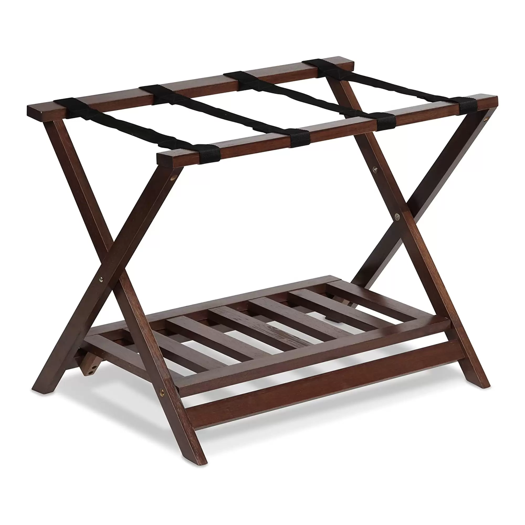 PJ Wood Hotel Style Wood Folding Suitcase Luggage Rack with Shelf. Walnut