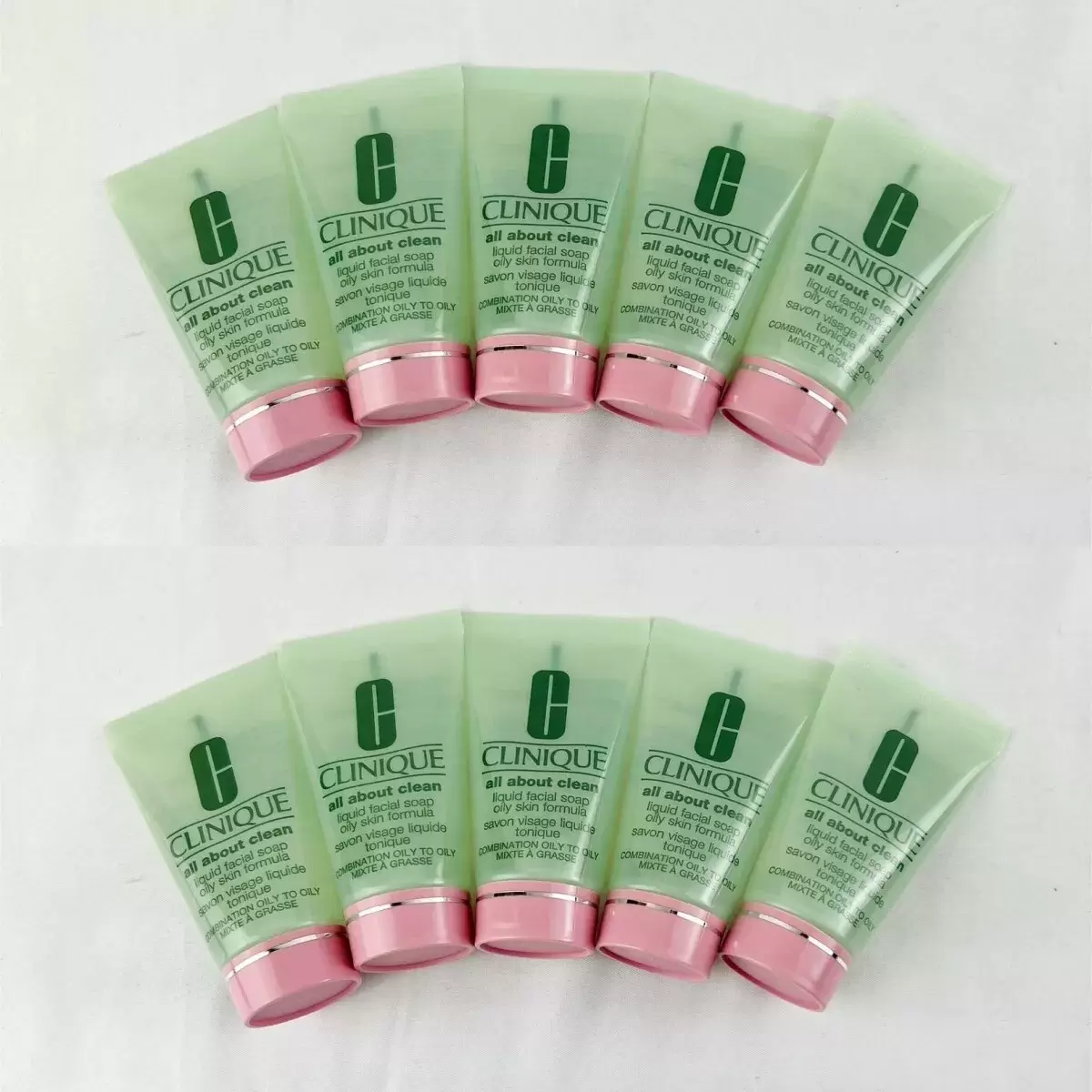 Pack of 10 Clinique All About Clean Liquid Facial Cleanser Soap. Oily Skin Formula. 1 oz/30 ml Each Travel Size. Total 10 oz/300 ml